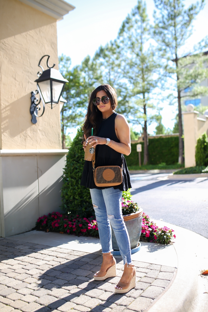 fendi camera bag, spring fashion 2019 pinterest, gucci dupe sunglasses, chloe dupe wedges, cute affordable high waisted jeans with raw hem, #fpme, emily ann gemma