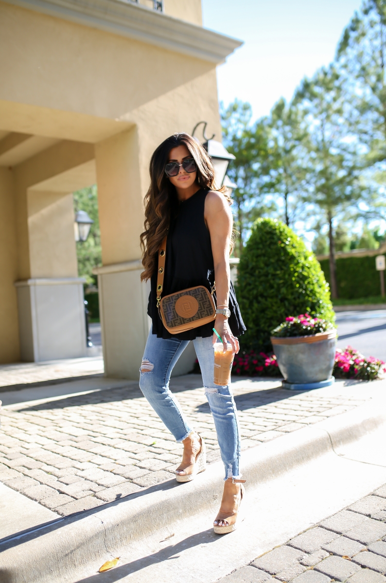 fendi camera bag, spring fashion 2019 pinterest, gucci dupe sunglasses, chloe dupe wedges, cute affordable high waisted jeans with raw hem, #fpme, emily ann gemma