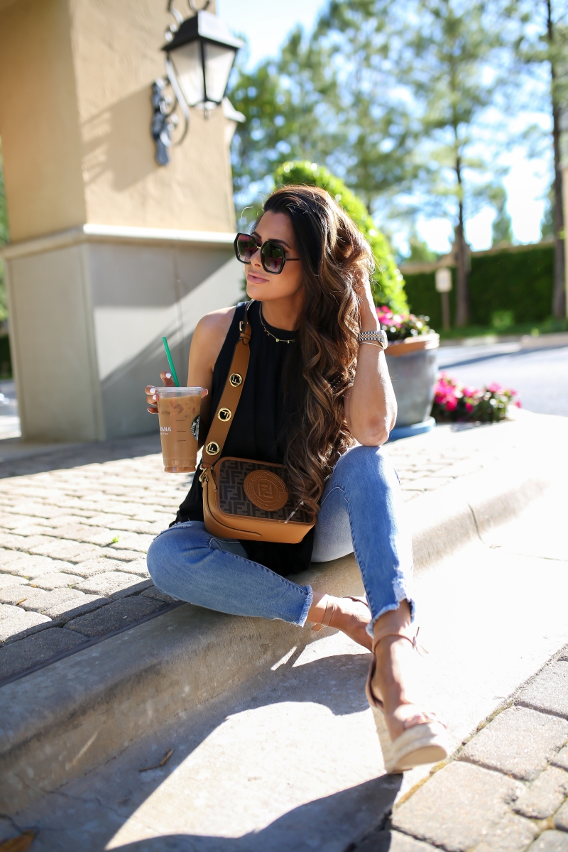 fendi camera bag, spring fashion 2019 pinterest, gucci dupe sunglasses, chloe dupe wedges, cute affordable high waisted jeans with raw hem, #fpme, emily ann gemma