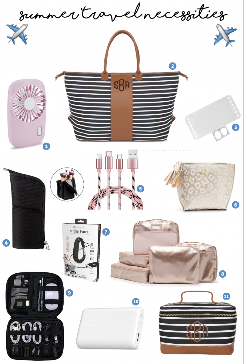 Emily Ann Gemma of The Sweetest Thing's summer travel necessities. Monogrammed weekender bag, cosmetic bags, electronic equpiment, wireless headphones, battery charger, and makeup case.