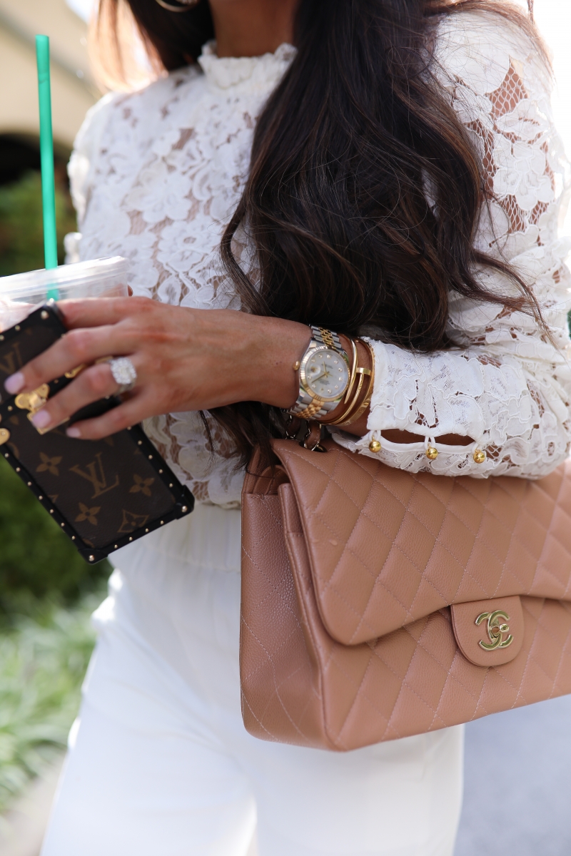 White Lace WAYF Blouse, Chanel classic jumbo beige, gucci 60mm square sunglasses, chanel earrings, emily ann gemma, Fall White Culottes outfit, fall fashion pinterest 2019-2