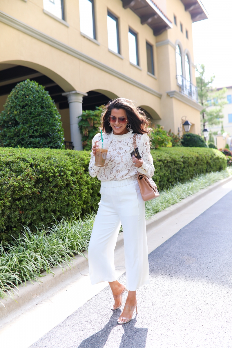 White Lace WAYF Blouse, Chanel classic jumbo beige, gucci 60mm square sunglasses, chanel earrings, emily ann gemma, Fall White Culottes outfit, fall fashion pinterest 2019-2