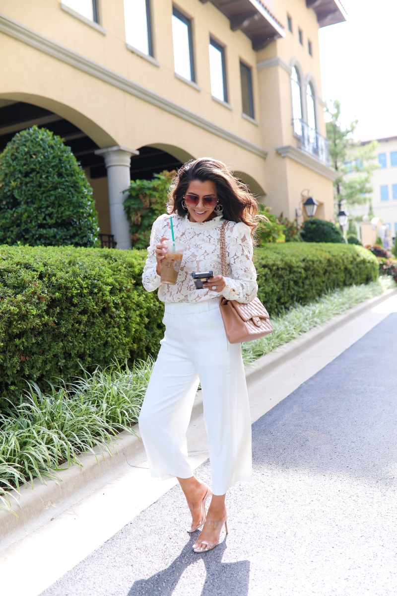 White Lace WAYF Blouse, Chanel classic jumbo beige, gucci 60mm square sunglasses, chanel earrings, emily ann gemma, Fall White Culottes outfit, fall fashion pinterest 2019-2White Lace WAYF Blouse, Chanel classic jumbo beige, gucci 60mm square sunglasses, chanel earrings, emily ann gemma, Fall White Culottes outfit, fall fashion pinterest 2019-2
