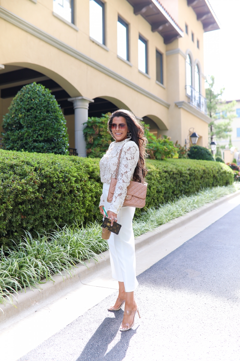 White Lace WAYF Blouse, Chanel classic jumbo beige, gucci 60mm square sunglasses, chanel earrings, emily ann gemma, Fall White Culottes outfit, fall fashion pinterest 2019-2