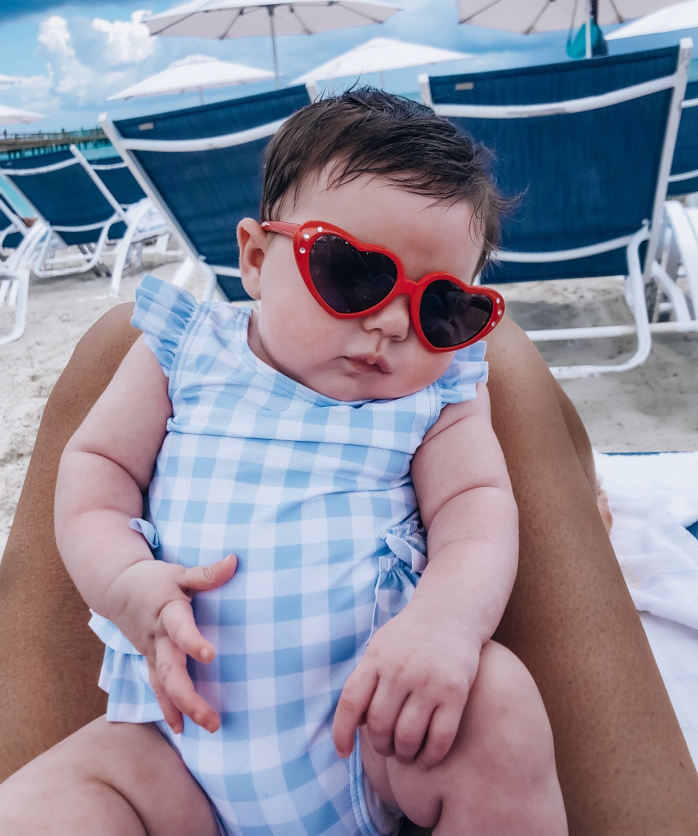 baby heart sunglasses, bahamar, baby girl gingham swimsuit, emily ann gemma