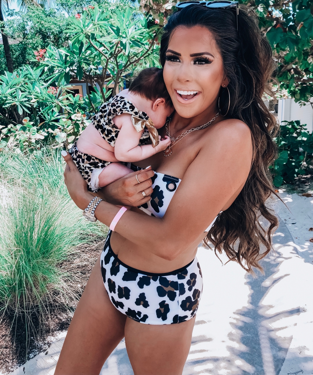 emily ann gemma, bahamar review, leopard high waist swimsuit, baby and mom matching outfit