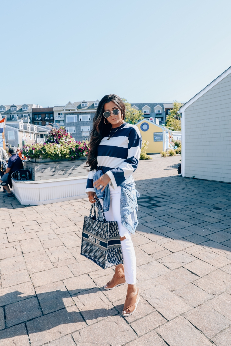 cute fall fashion outfits pinterest 2019, Dior Book Tote Bag oblique navy, Bar Harbor Maine, emily gemma, Fall Fashion 2019, White pants outfits fall 2019