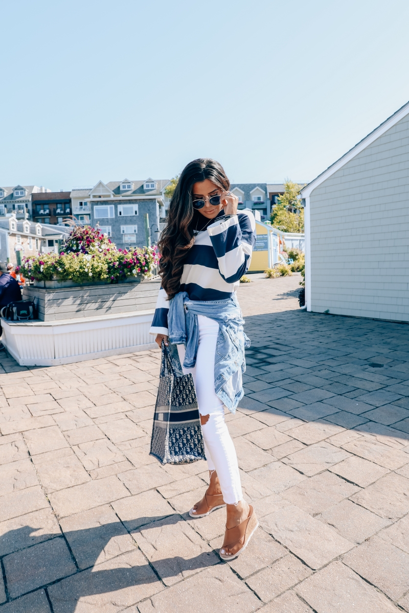 cute fall fashion outfits pinterest 2019, Dior Book Tote Bag oblique navy, Bar Harbor Maine, emily gemma, Fall Fashion 2019, White pants outfits fall 2019