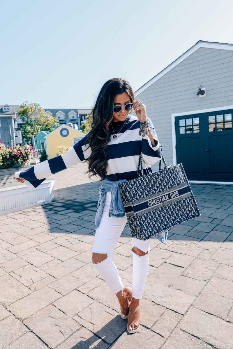 cute fall fashion outfits pinterest 2019, Dior Book Tote Bag oblique navy, Bar Harbor Maine, emily gemma, Fall Fashion 2019, White pants outfits fall 2019