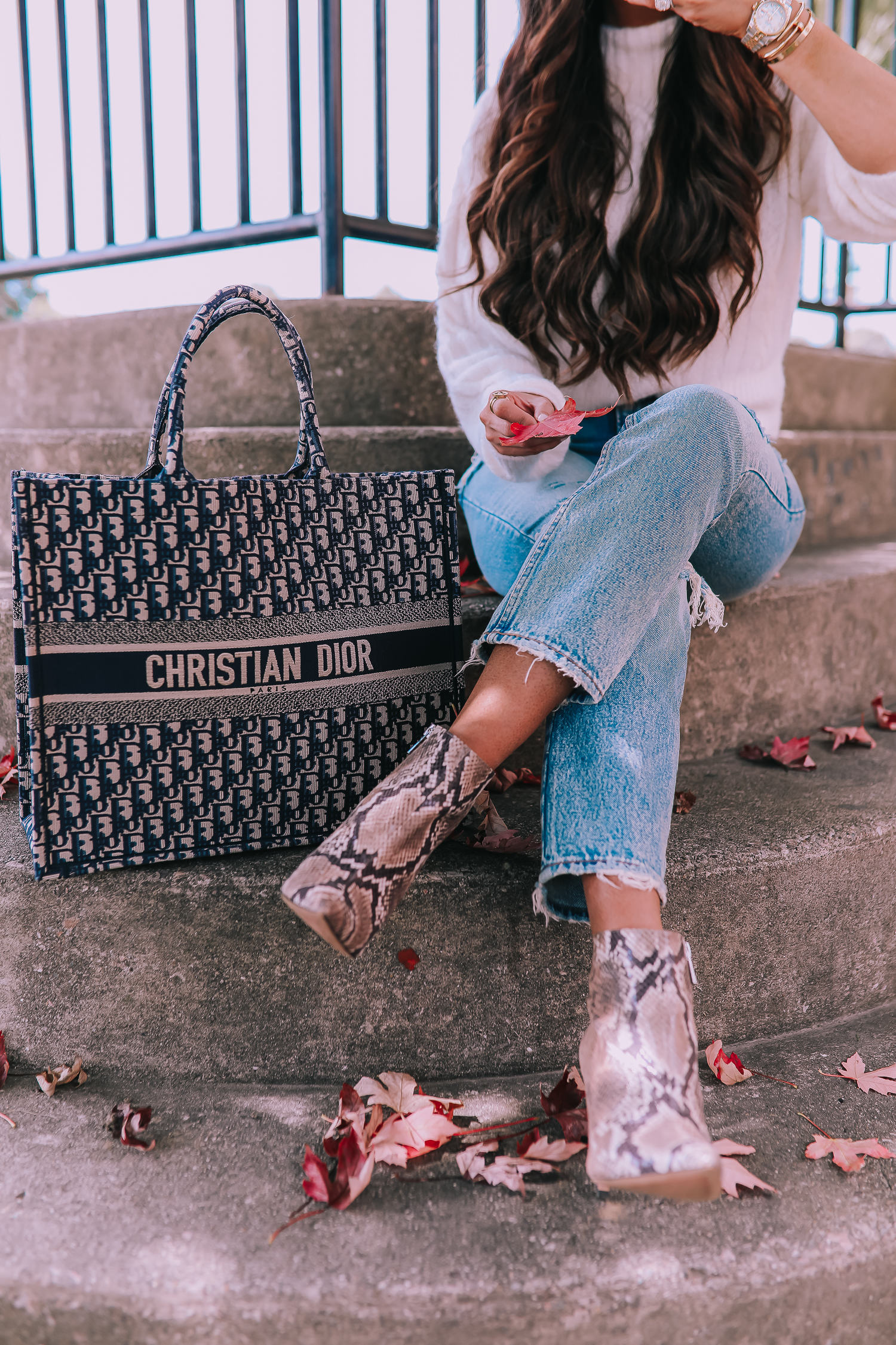 Summer, outfit, ideas, button down, distressed, boyfriend, jeans, snake print, lace up, heels, Louis Vuitto…