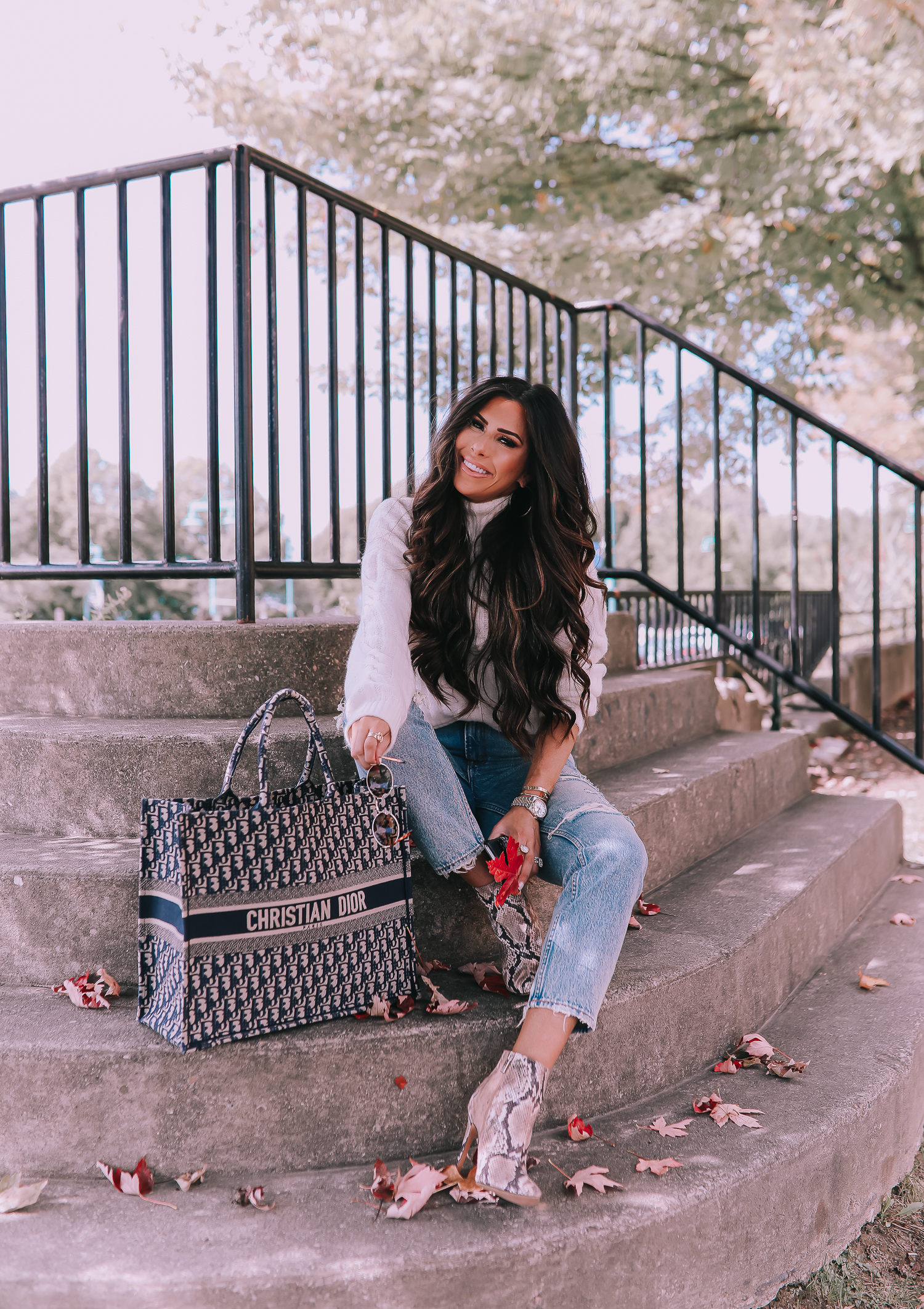 fall fashion outfits pinterest 2019, abercrombie mom jeans, Christian Dior book tote oblique navy, emily ann gemma, jessica simpson snake booties-2