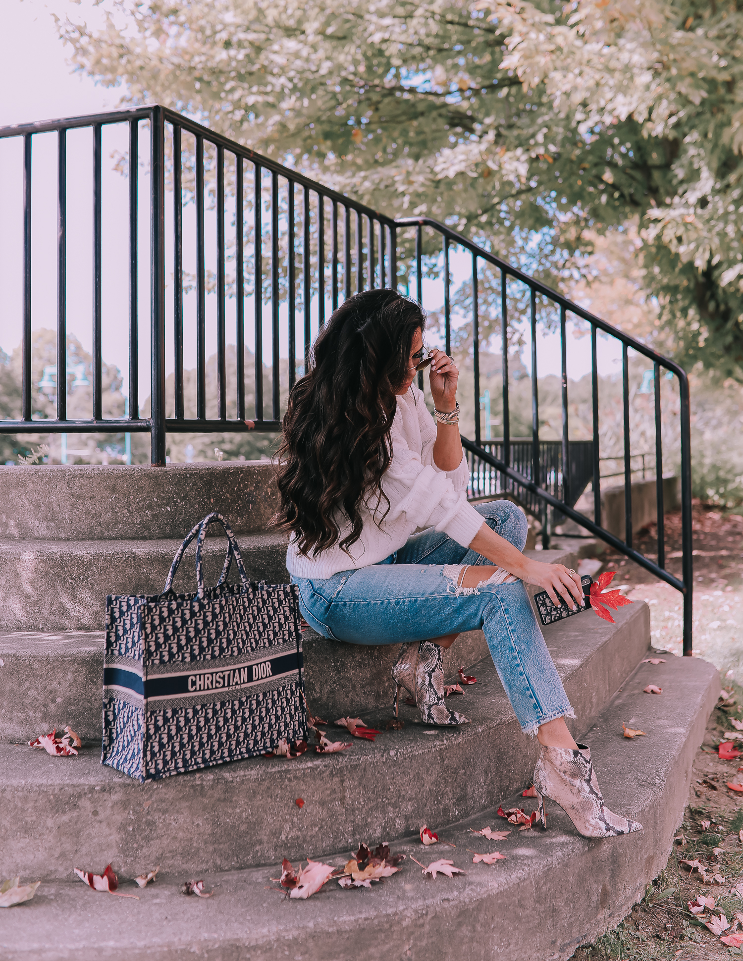fall fashion outfits pinterest 2019, abercrombie mom jeans, Christian Dior book tote oblique navy, emily ann gemma, jessica simpson snake booties-2