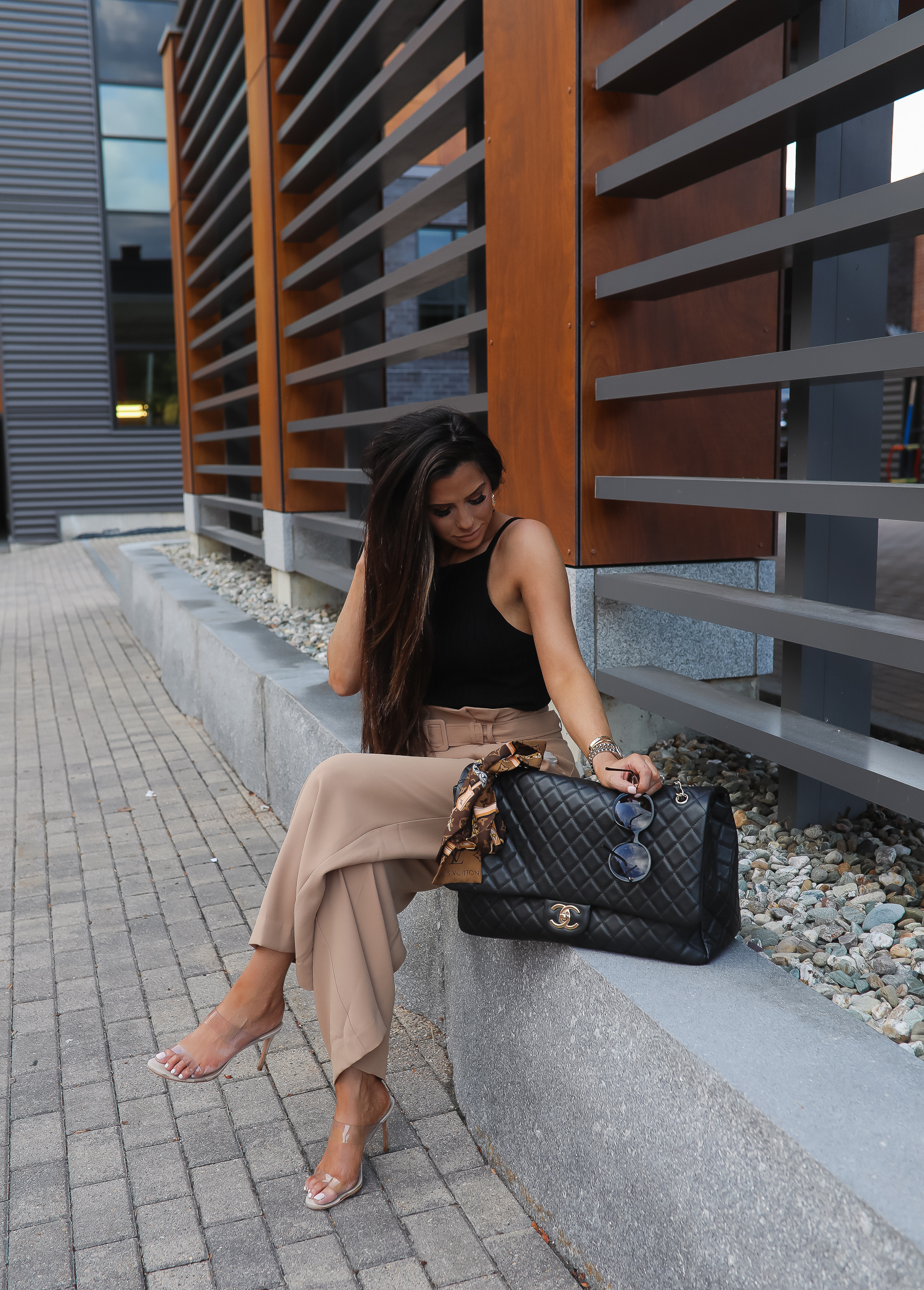 fall fashion outfits pinterest 2019, chanel XXL flap airport bag black, High waisted paper bag pants, emily ann gemma, express fall outfits 2019-2