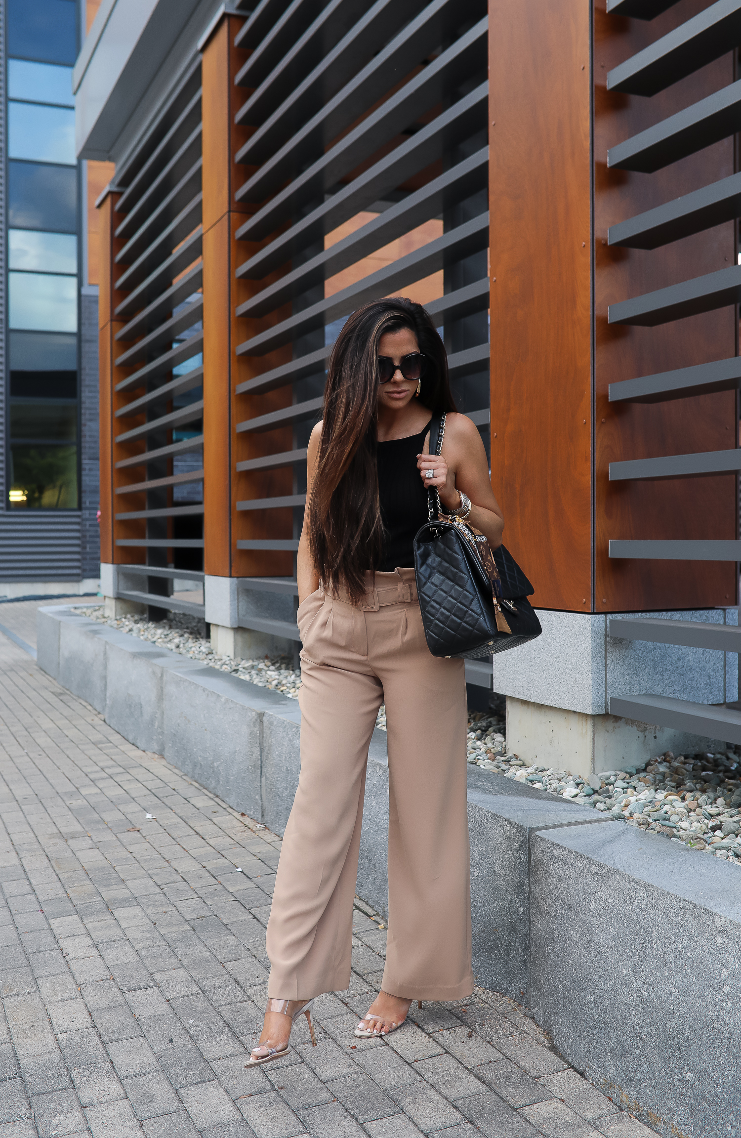 fall fashion outfits pinterest 2019, chanel XXL flap airport bag black, High waisted paper bag pants, emily ann gemma, express fall outfits 2019-2