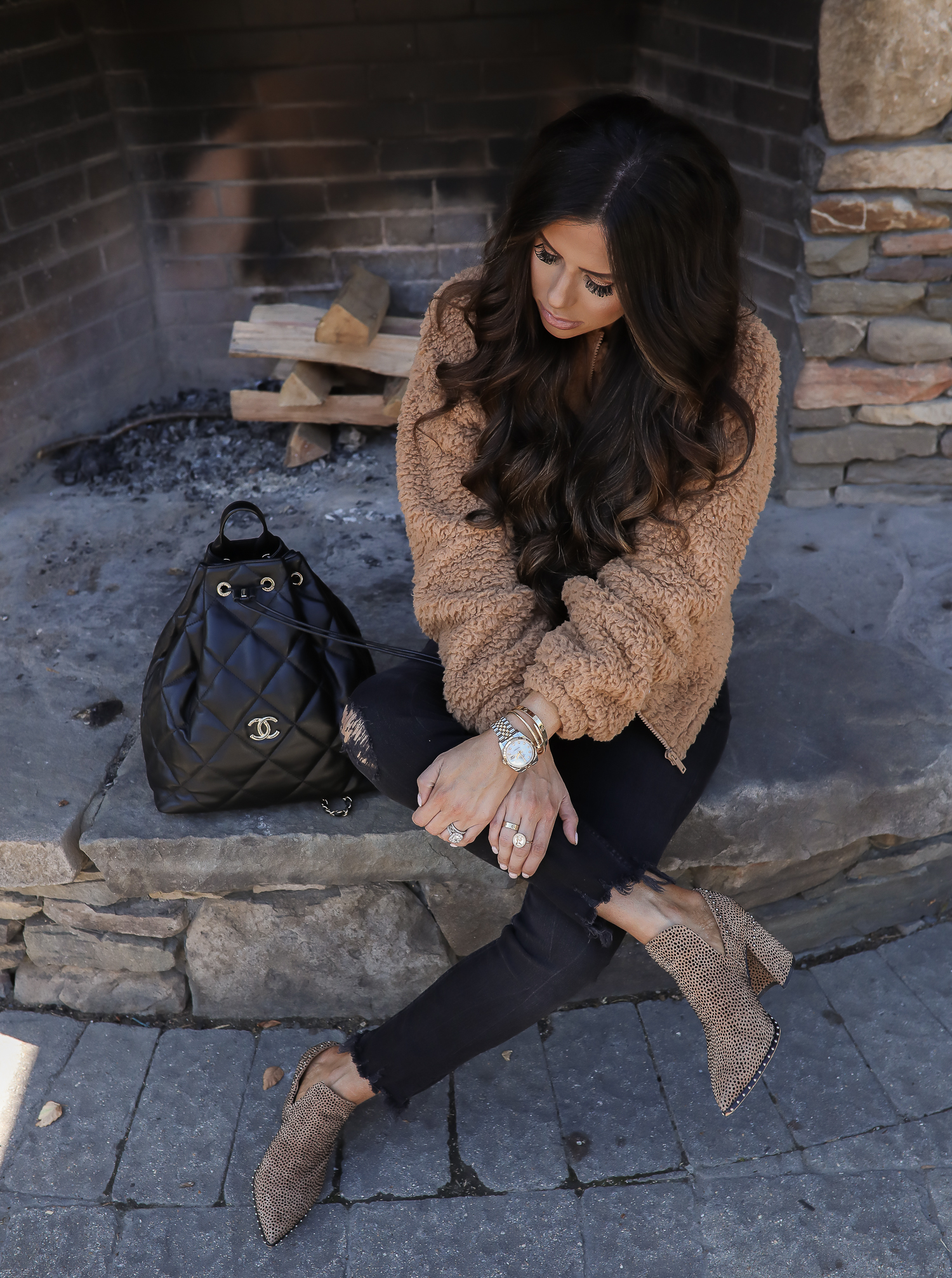 fall fashion outfits pinterest 2019, leopard booties, chanel black backpack fall 2019, stowe vermont fashion blogger, emily gemma, express sherpa jacket camel-2