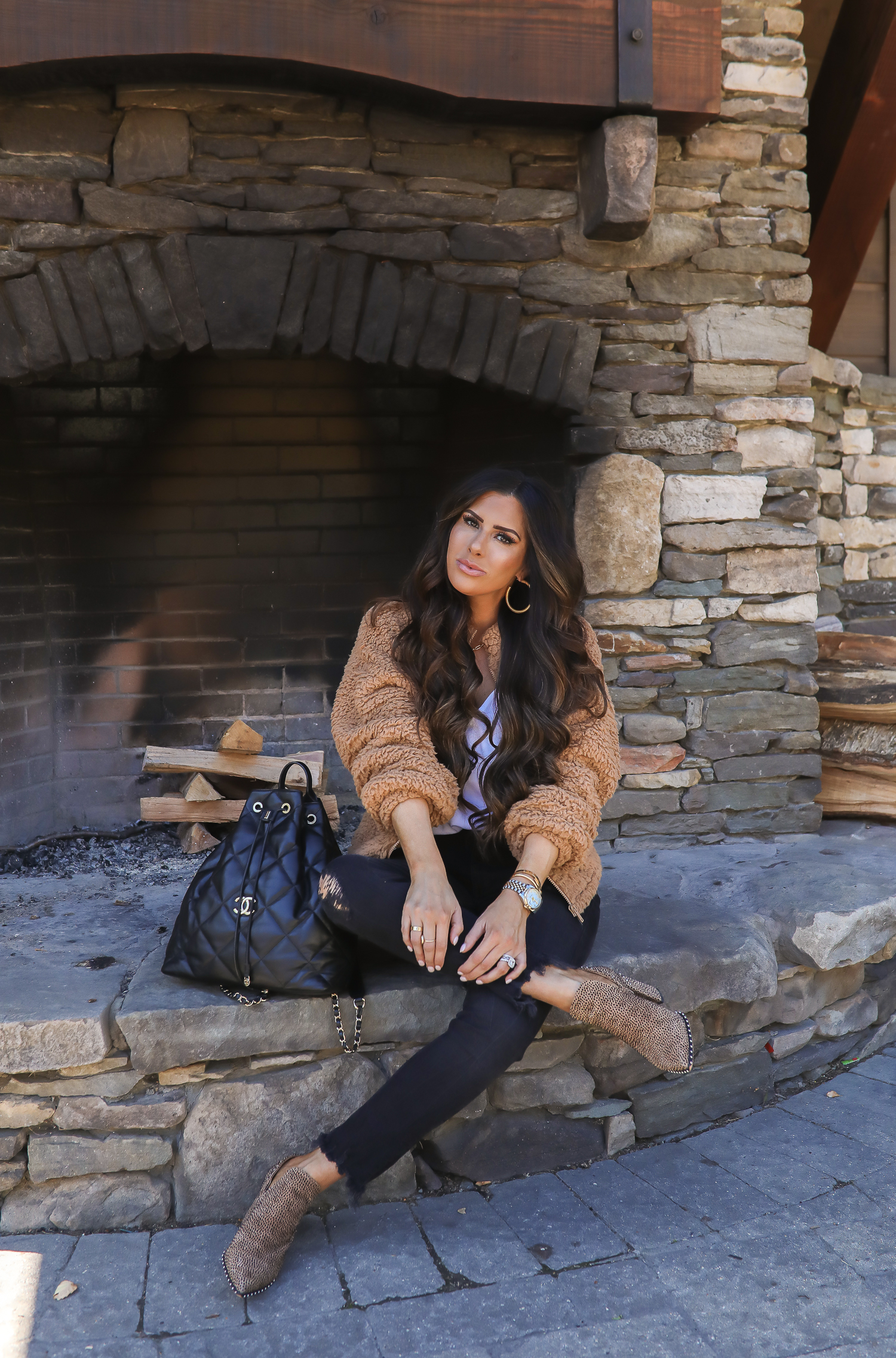 fall fashion outfits pinterest 2019, leopard booties, chanel black backpack fall 2019, stowe vermont fashion blogger, emily gemma, express sherpa jacket camel-2