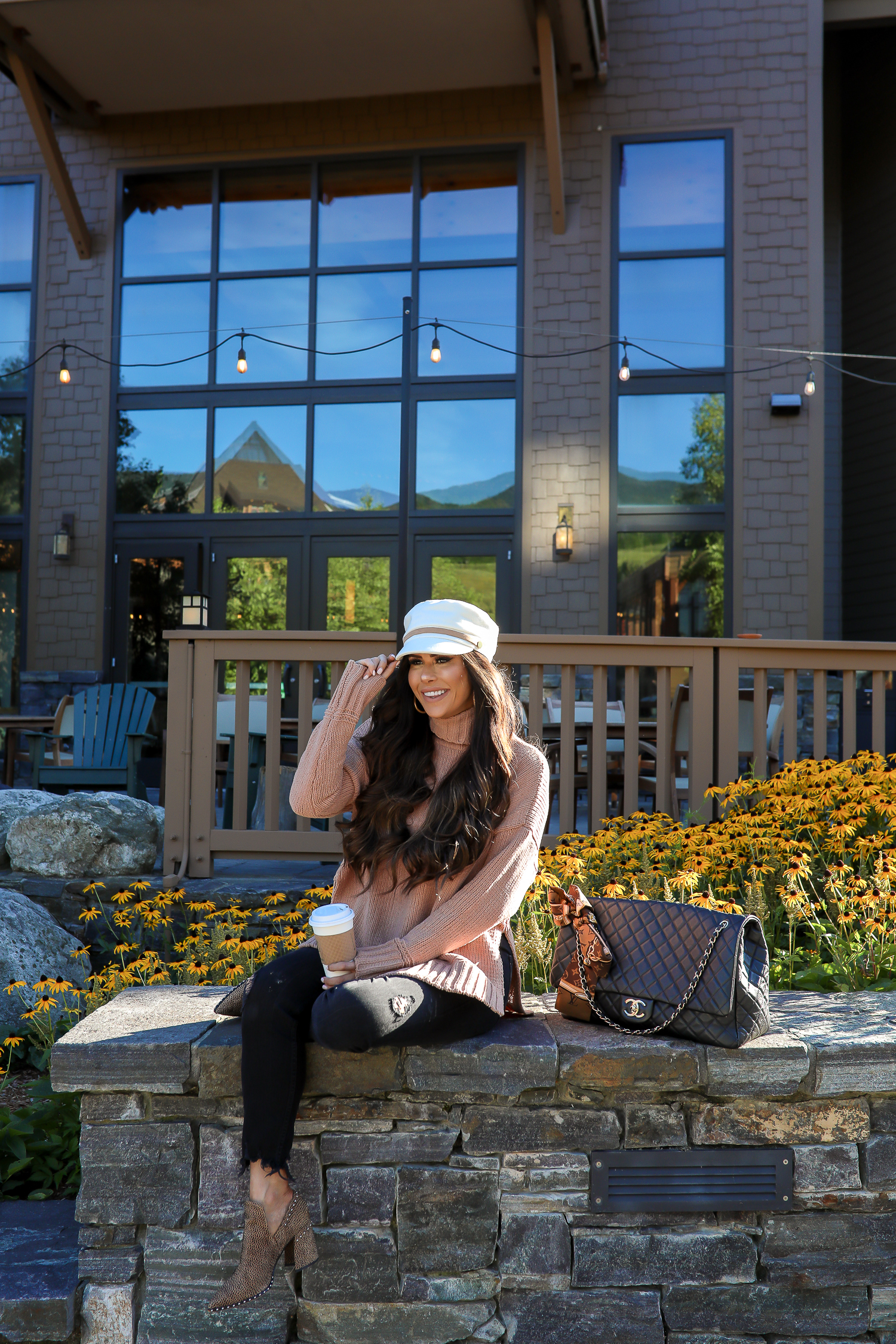 anthropologie white tan baker boy cap, aerie chenille turtleneck sweater, stowe vermont review 