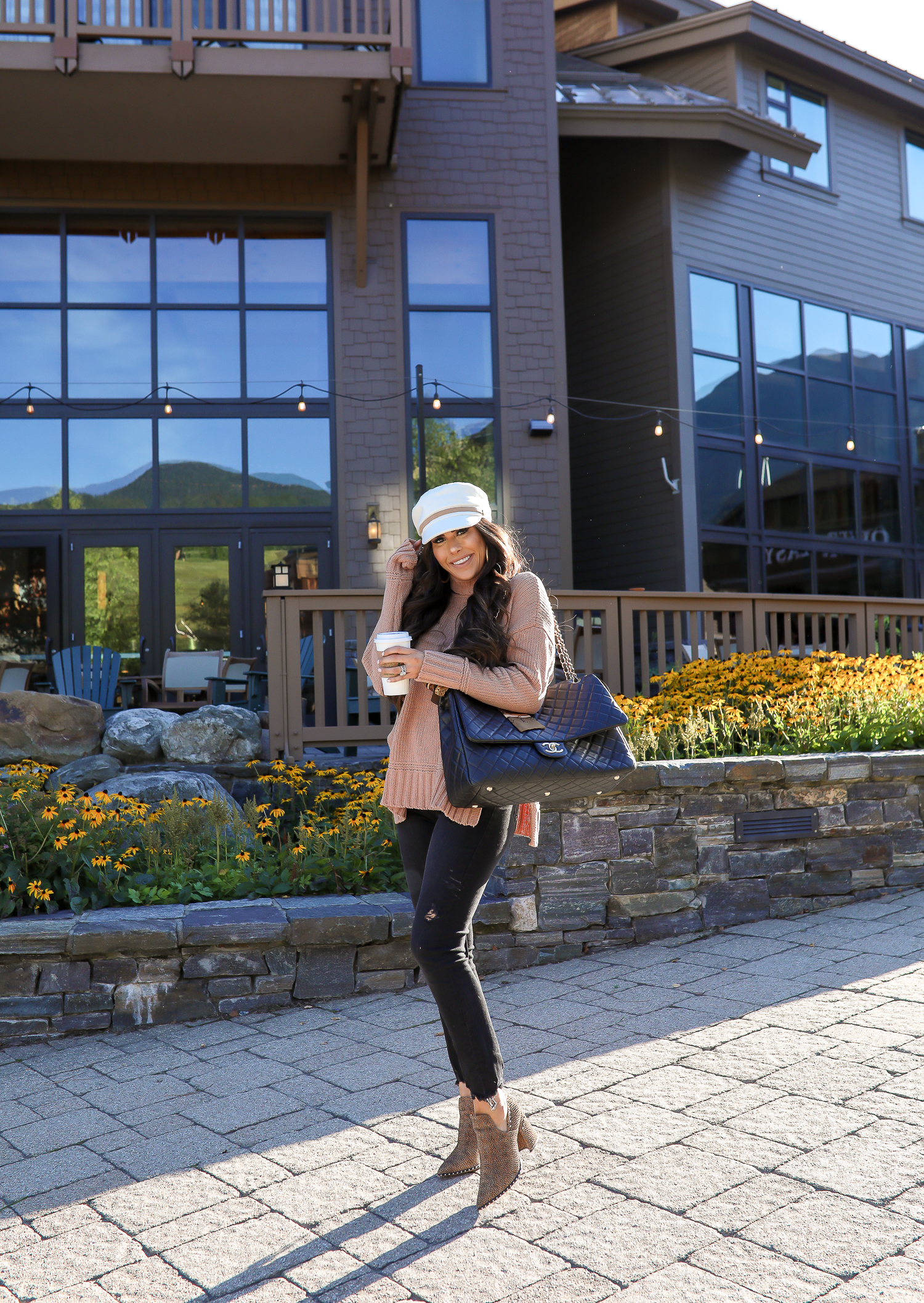 fall fashion outfits pinterest 2019, chanel airlines tote XXL bag black, anthropologie white tan baker boy cap, aerie chenille turtleneck sweater, stowe vermont review 