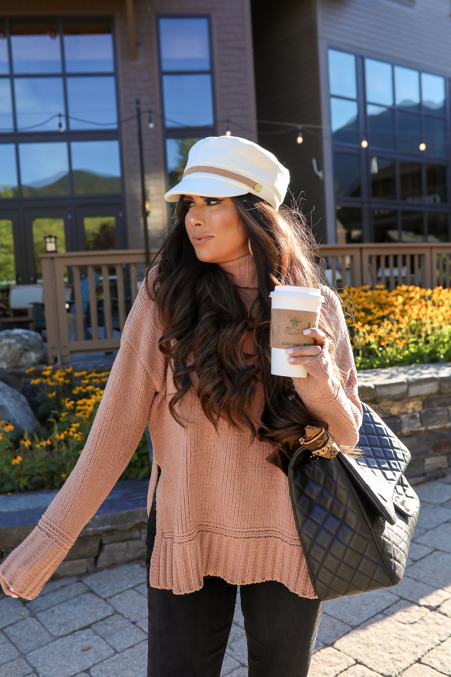 anthropologie white tan baker boy cap, aerie chenille turtleneck sweater, stowe vermont review, emily gemma