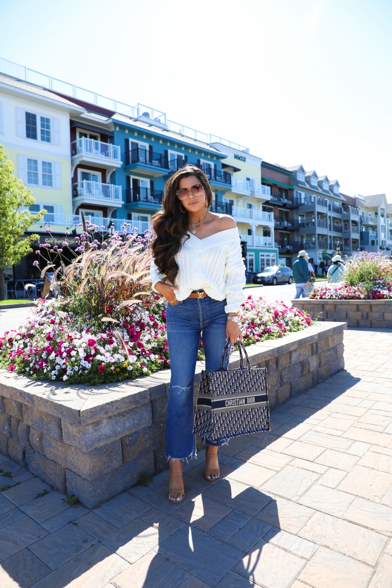 fall fashion pinterest 2019, Dior Book Tote Bag oblique navy, Bar Harbor Maine, emily gemma, Fall Fashion trends 2019, gucci 60mm sunglasses, Mother Tripper denim, Red dress boutique-2 | Off the Shoulder Sweater by popular US fashion blog, The Sweetest Thing: image of a woman outside wearing a Red Dress off the shoulder sweater, Revolve The Tripper MOTHER jeans, Nordstrom Amina Sandal ALIAS MAE, The Styled Collection necklaces, Louis Vuitton belt, Cartier bracelets, Rolex watch, Large Chunky Hoop Earrings ARGENTO VIVO, Nordstrom 60mm Gradient Square Sunglasses GUCCI, and holding a Louis Vuitton bag.