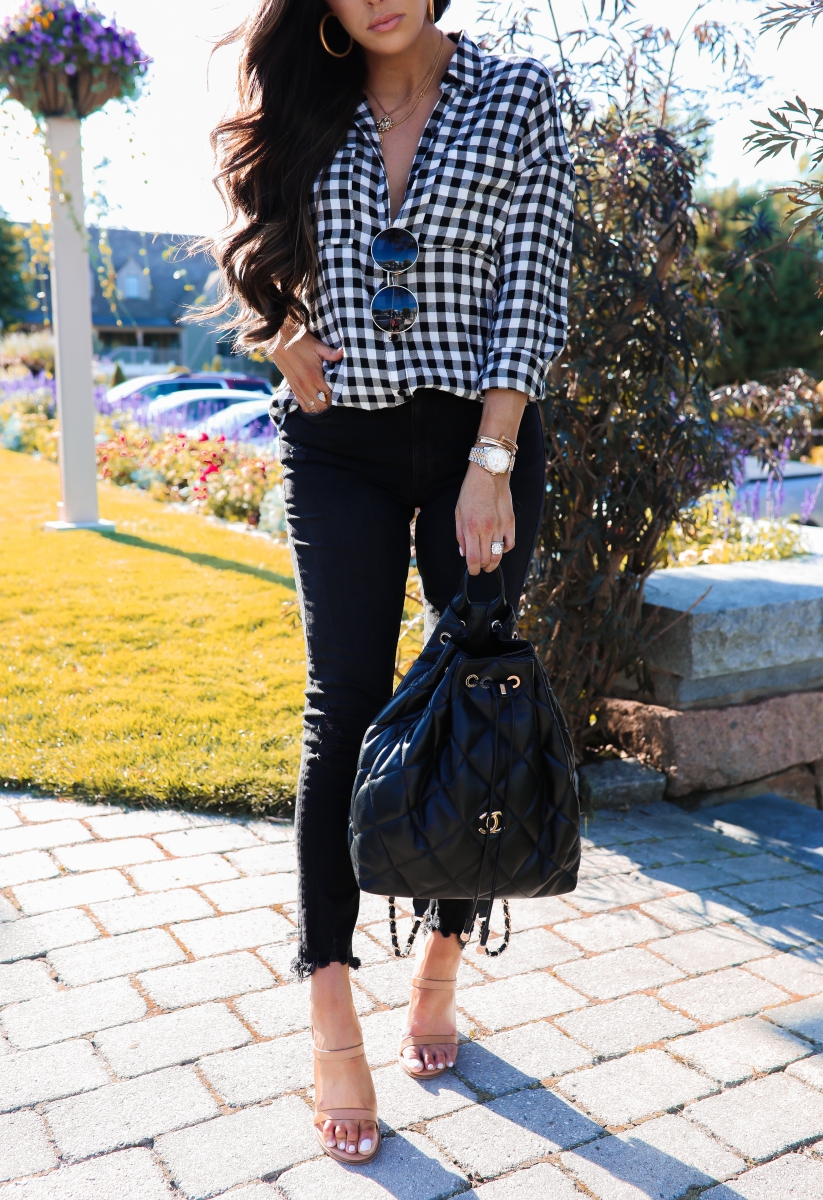 fall fashion pinterest 2019, buffalo plaid BP nordstrom top, Celine round sunglasses, emily gemma, Chanel black quilted blackpack 2019-2