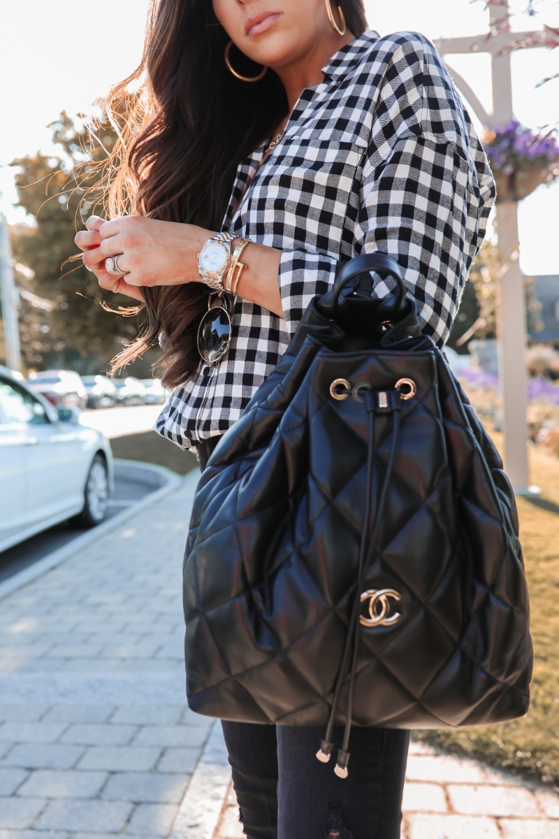 fall fashion pinterest 2019, buffalo plaid BP nordstrom top, Celine round sunglasses, emily gemma, Chanel black quilted blackpack 2019-2