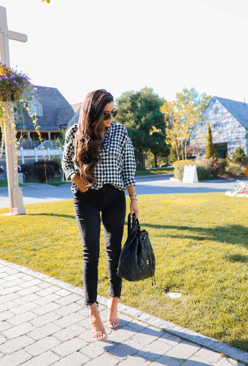 fall fashion pinterest 2019, buffalo plaid BP nordstrom top, Celine round sunglasses, emily gemma, Chanel black quilted blackpack 2019-2