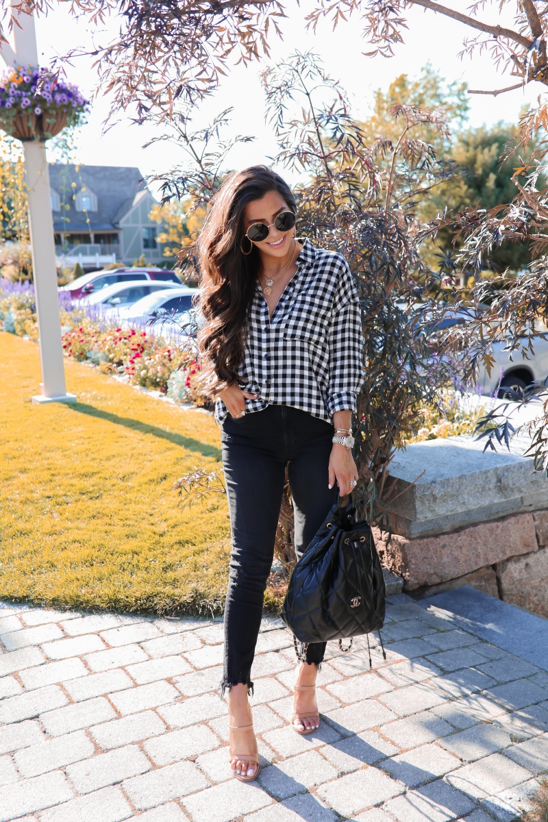 fall fashion pinterest 2019, buffalo plaid BP nordstrom top, Celine round sunglasses, emily gemma, Chanel black quilted blackpack 2019-2