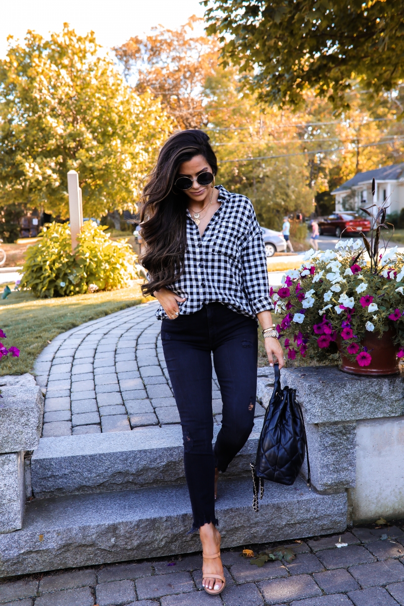 fall fashion pinterest 2019, buffalo plaid BP nordstrom top, Celine round sunglasses, emily gemma, Chanel black quilted blackpack 2019-2