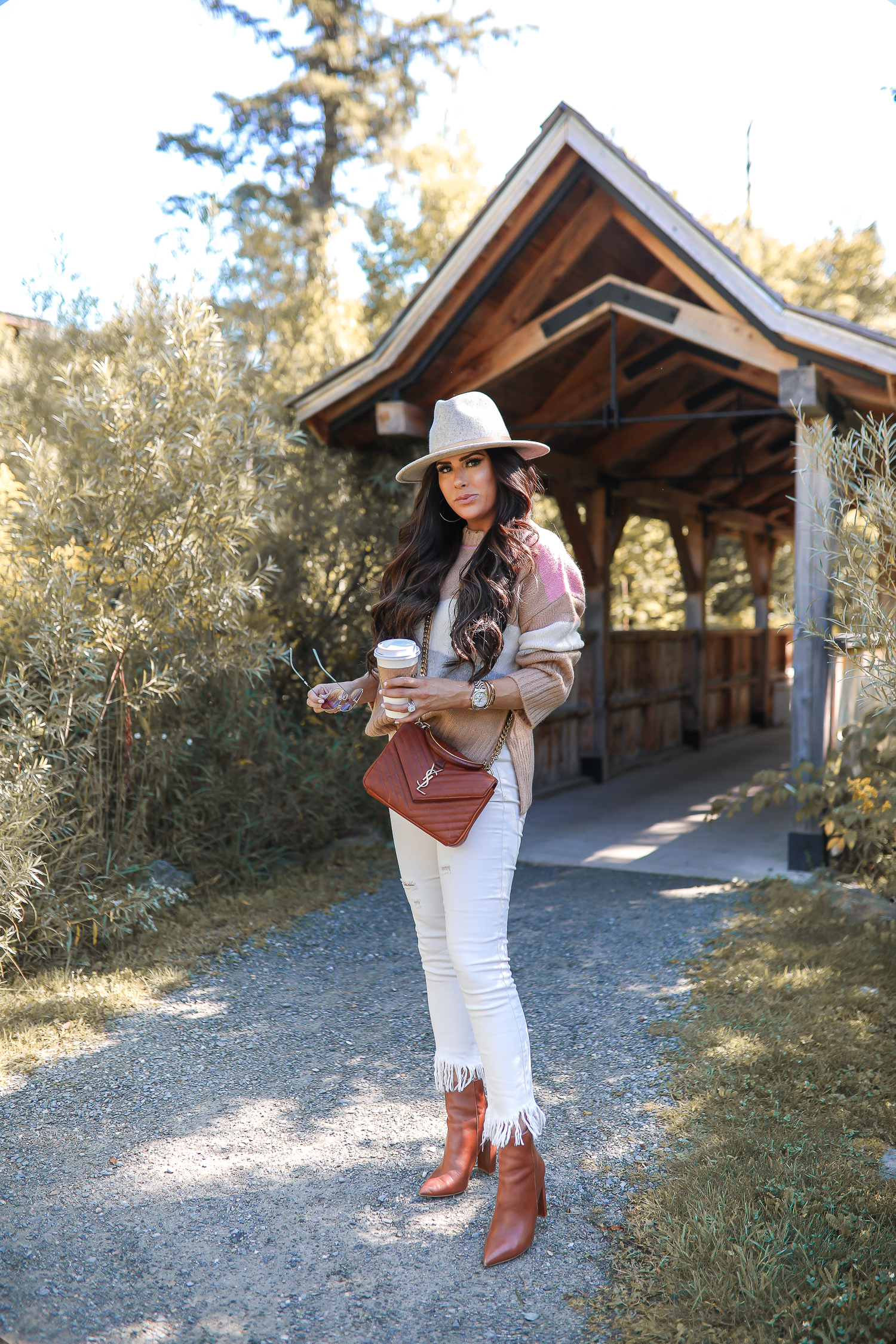 fall fashion pinterest 2019, stowe vermont, YSL collage tan bag, Lack of color mack hat, Topshop colorblock sweater tan and pink, Emily Gemma-13