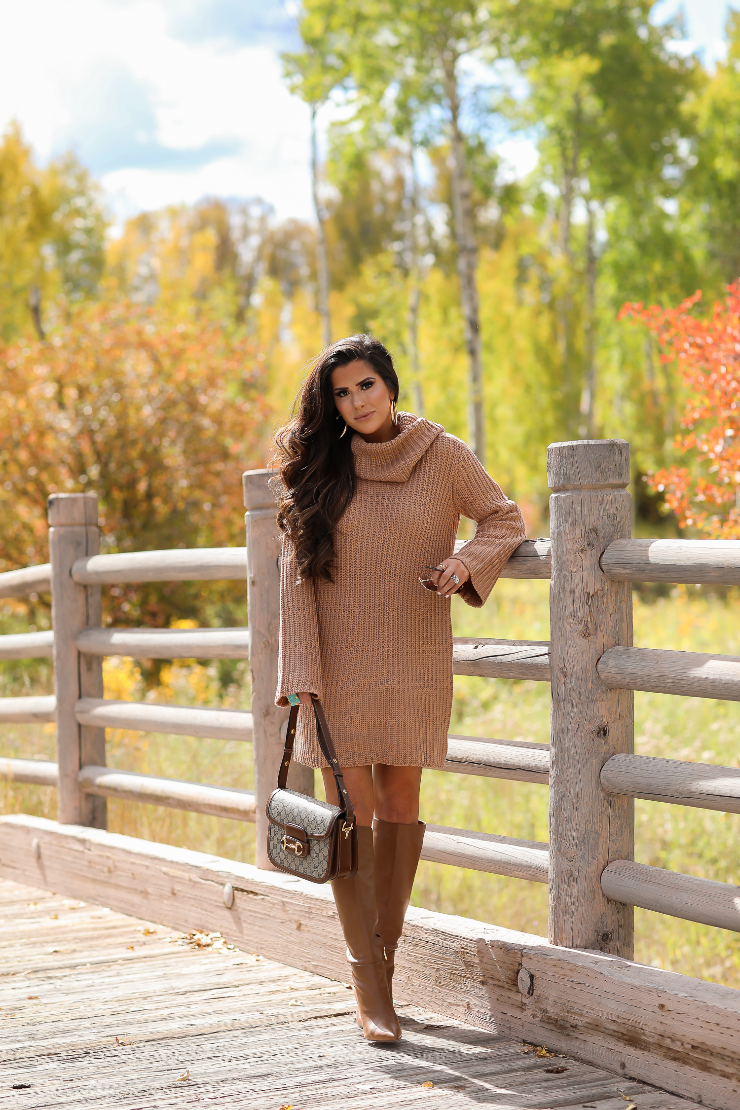 Camel Sweater Dress styled for Fall by top US fashion blog, The Sweetest Thing: image of a woman wearing a BB Dakota camel sweater dress, Sam Edelman boots, Gucci 1955 shoulder bag, Gucci sunglasses, Free People rings, and Argento Vivo earrings | fall fashion outfits pinterest 2019, gucci 1955 horsebit bag, sam edelman raakal boots, cute dresses leather boots pinterest fall fashion, emily ann gemma-2