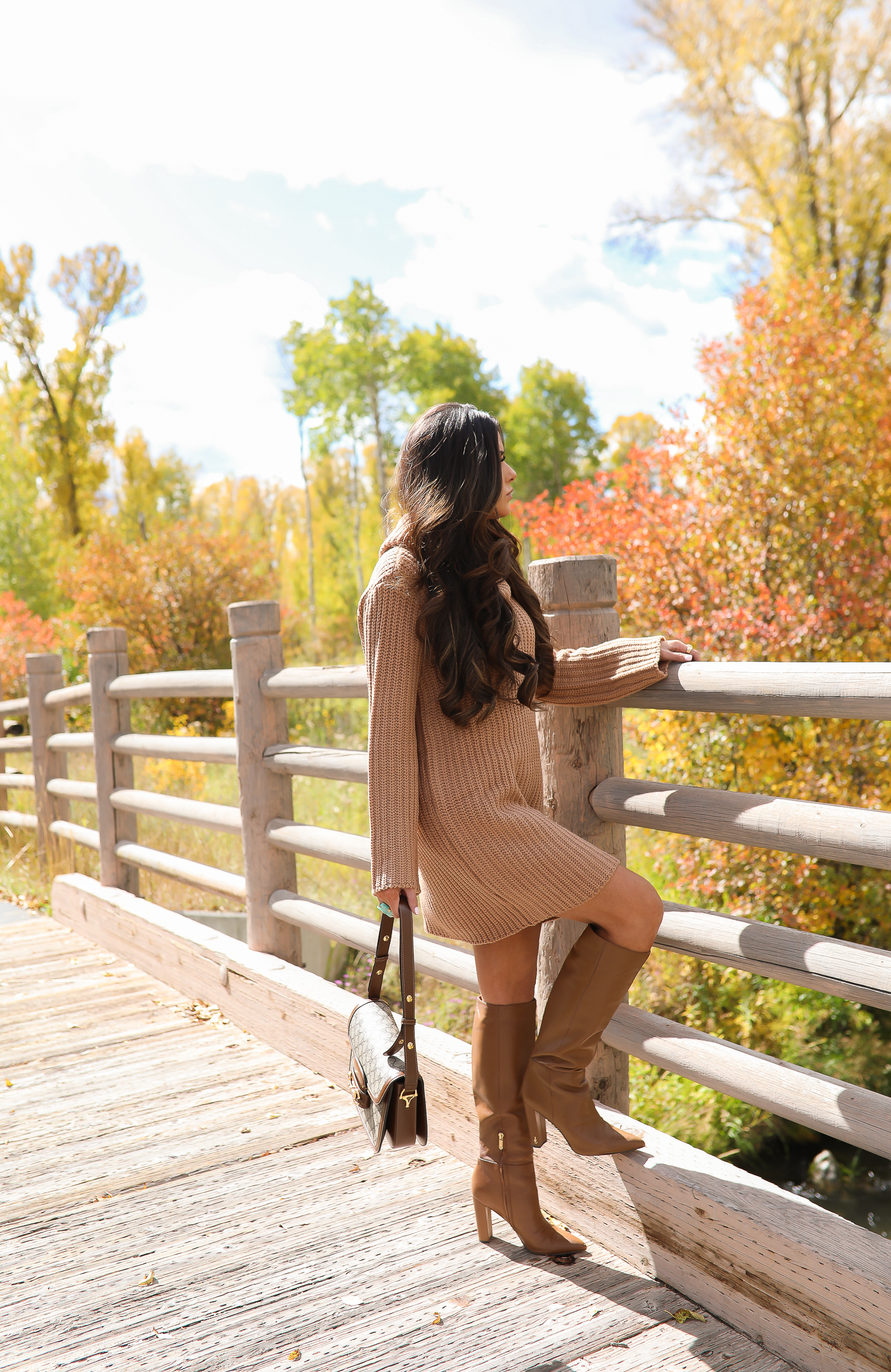 Camel Sweater Dress styled for Fall by top US fashion blog, The Sweetest Thing: image of a woman wearing a BB Dakota camel sweater dress, Sam Edelman boots, Gucci 1955 shoulder bag, Gucci sunglasses, Free People rings, and Argento Vivo earrings | fall fashion outfits pinterest 2019, gucci 1955 horsebit bag, sam edelman raakal boots, cute dresses leather boots pinterest fall fashion, emily ann gemma-2