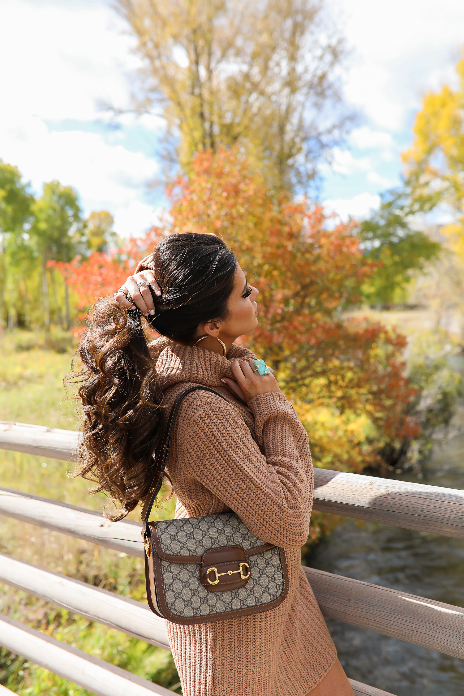 Camel Sweater Dress styled for Fall by top US fashion blog, The Sweetest Thing: image of a woman wearing a BB Dakota camel sweater dress, Sam Edelman boots, Gucci 1955 shoulder bag, Gucci sunglasses, Free People rings, and Argento Vivo earrings | fall fashion outfits pinterest 2019, gucci 1955 horsebit bag, sam edelman raakal boots, cute dresses leather boots pinterest fall fashion, emily ann gemma-2