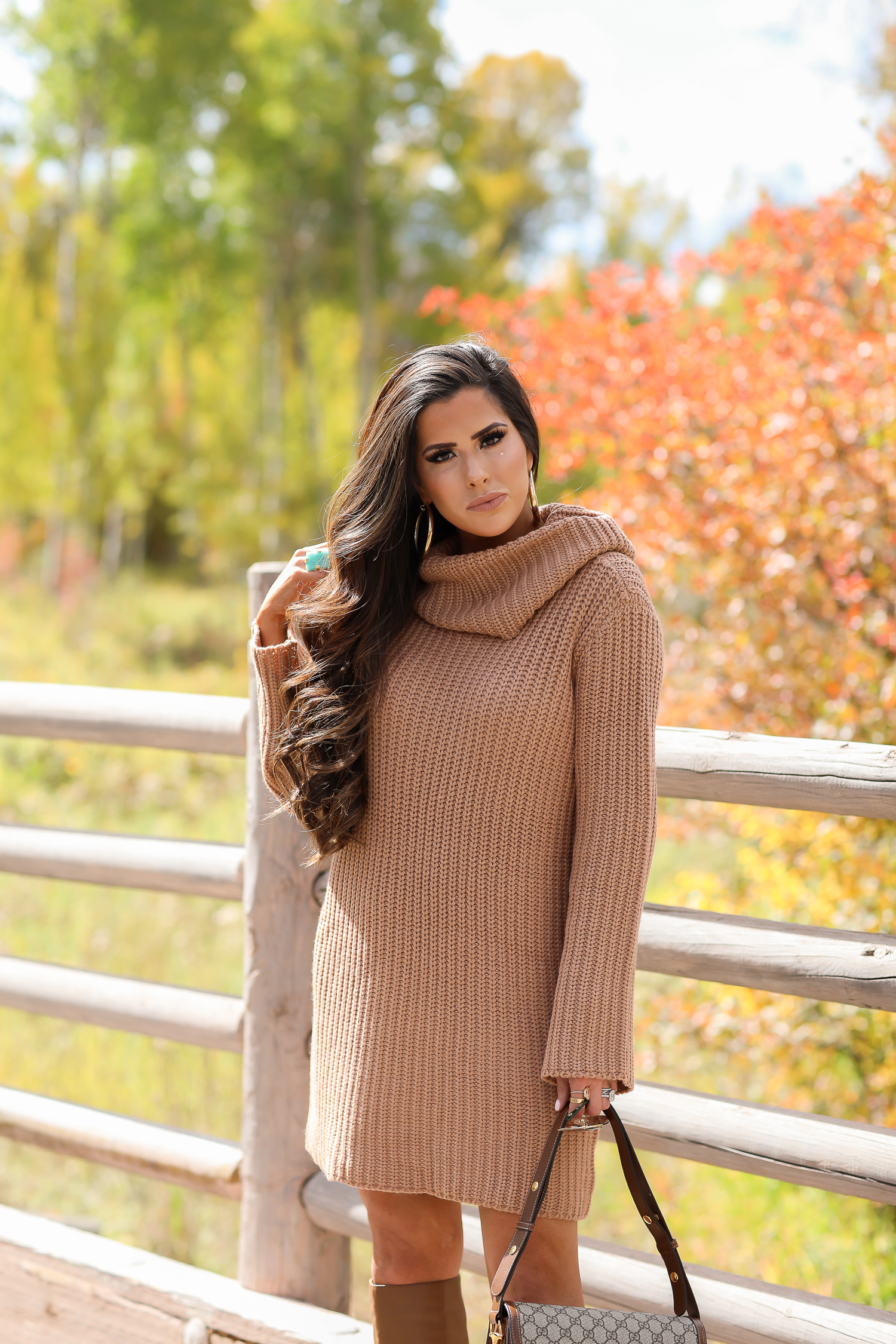 Camel Sweater Dress styled for Fall by top US fashion blog, The Sweetest Thing: image of a woman wearing a BB Dakota camel sweater dress, Sam Edelman boots, Gucci 1955 shoulder bag, Gucci sunglasses, Free People rings, and Argento Vivo earrings | fall fashion outfits pinterest 2019, gucci 1955 horsebit bag, sam edelman raakal boots, cute dresses leather boots pinterest fall fashion, emily ann gemma-2