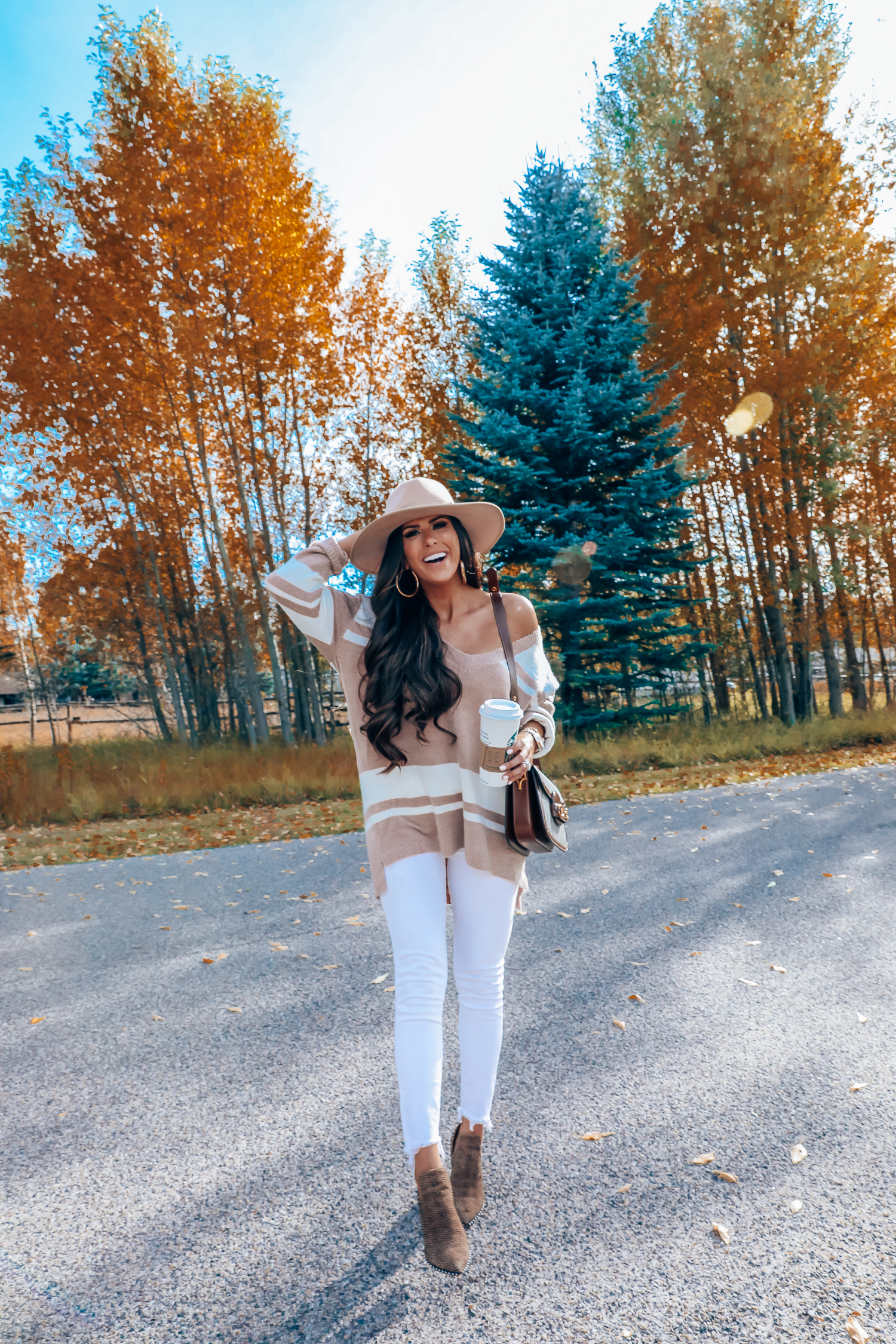 Rag and Bone White Jeans style for Fall by top US fashion blog, The Sweetest Thing: image of a woman wearing Rag and Bone white denim jeans, a Red Dress Boutique off the shoulder striped sweater, Gianni Bini boots, Gucci 1955 shoulder bag, Brixton Panama hat, Rolex watch, Cartier bracelets, Argento Vivo earrings, and a Free People ring | fall fashion outfits pinterest 2019, gucci vintage 1955 bag, fall outfits white denim, red dress boutique sweater, brixton hats-5