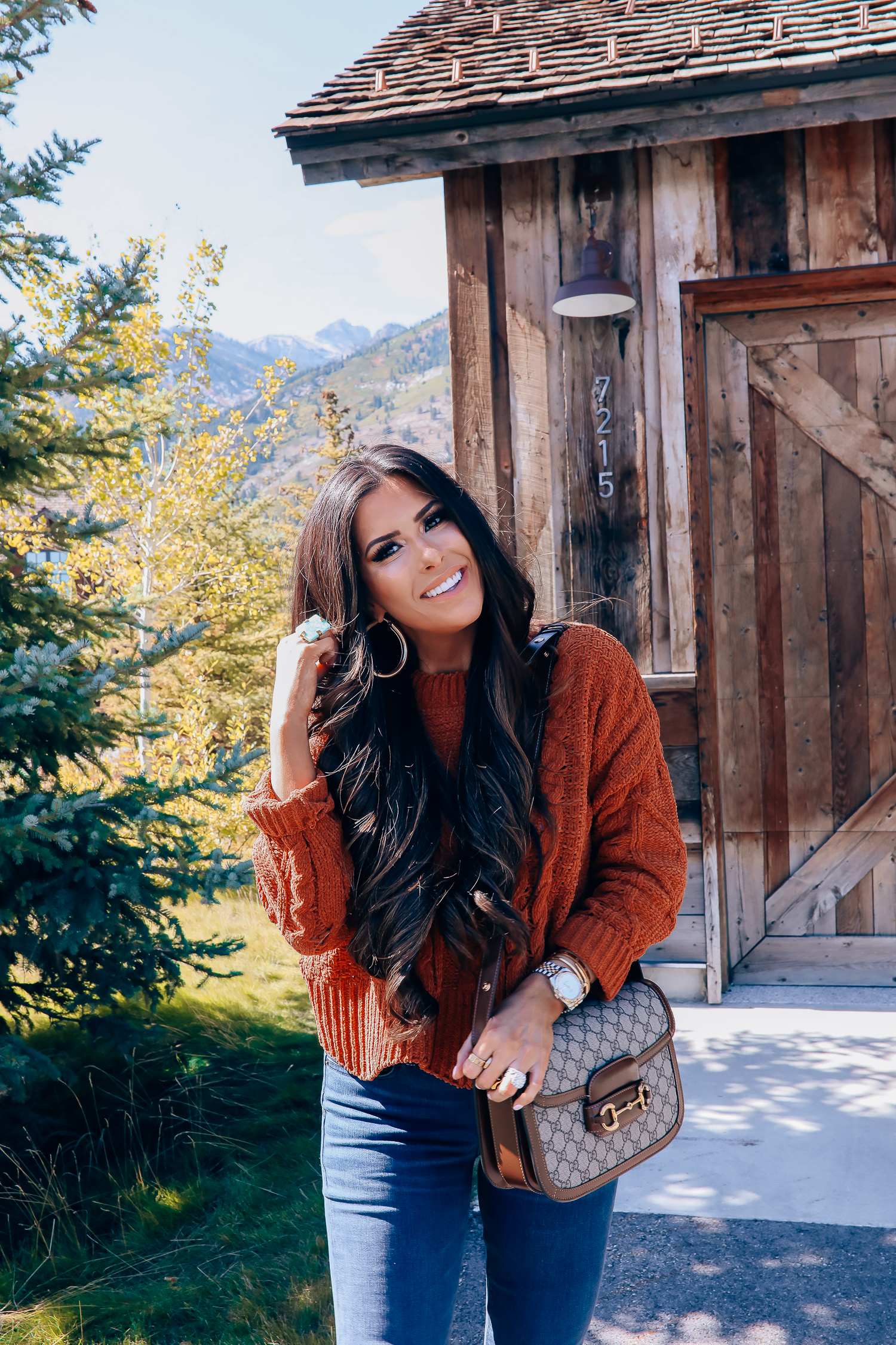 Fall fashion outfit featured by top US fashion blog, The Sweetest Thing: image of a woman wearing a BlankNYC rust sweater, Express denim leggings, Sam Edelman boots, Gucci 1955 shoulder bag, Cartie bracelets, Argento Vivo earrings, Gucci sunglasses and a Free People ring.| fall fashion outfits pinterest 2019, gucci vintage 1955 fall, emily ann gemma, sam edelman brown leather boots_-2