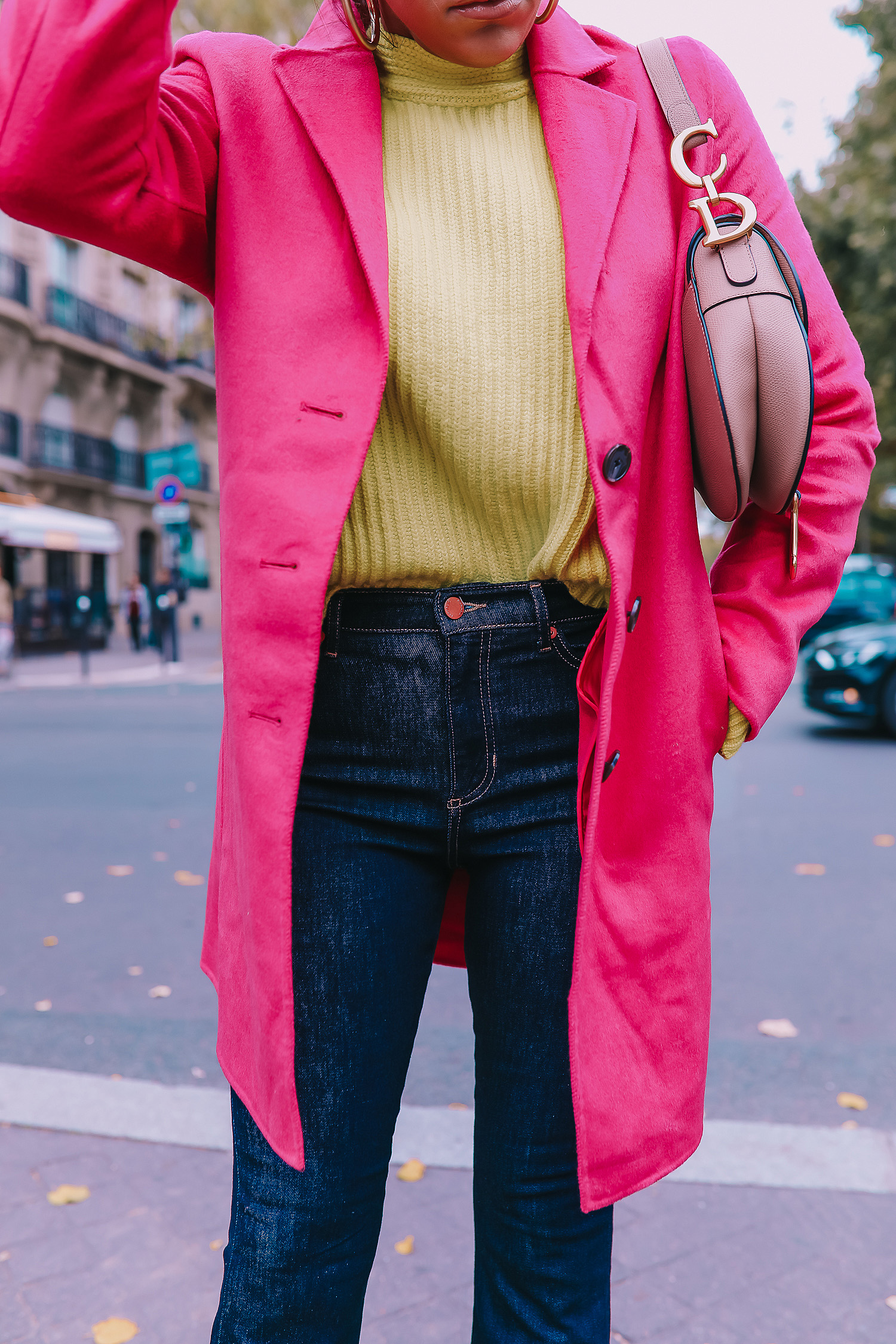 paris fall fashion 2019, fall fashion 2019, banana republic fall outfits 2019, paris outfit ideas fall and winter, what to wear in paris in october november, emily ann gemma-2 | Do You Like Neon Or Neutrals?! Two Everyday Fall Outfits by popular Oklahoma fashion blog, The Sweetest Thing: image of a woman outside in Paris and wearing a Banana Republic High-Rise Flare Jean, Banana Republic Double-Faced Topcoat, and Banana Republic Chunky High Crew-Neck Sweater.