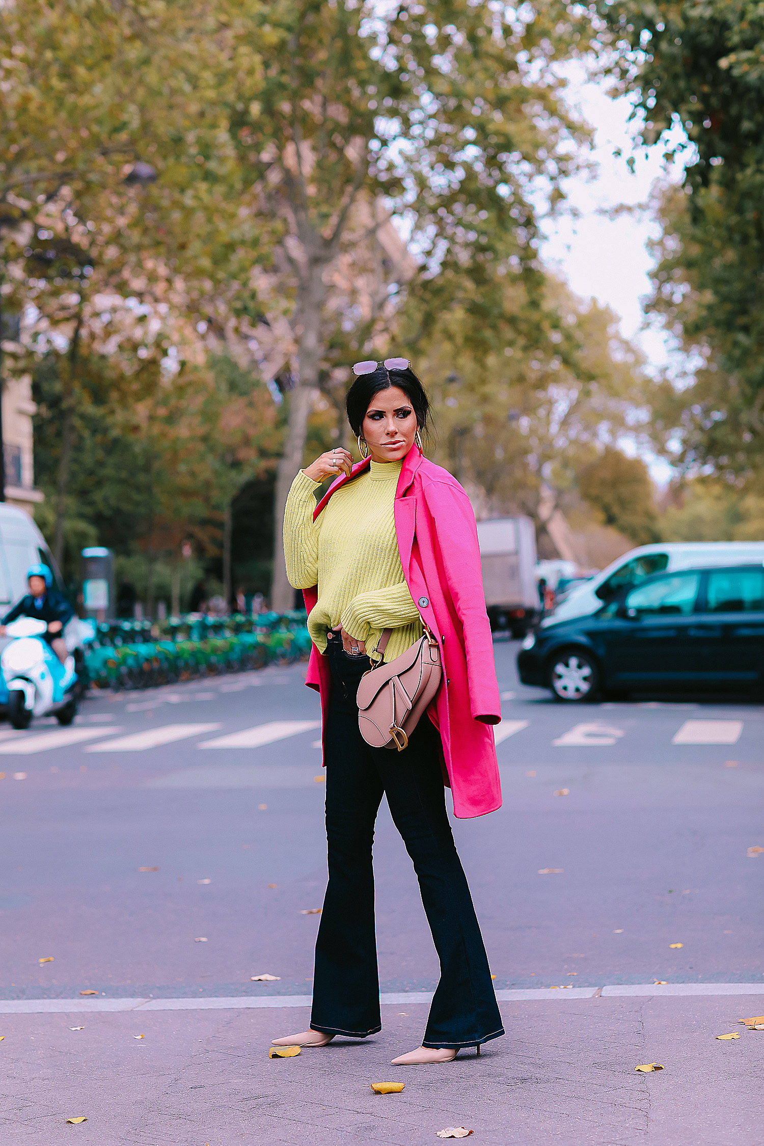 paris fall fashion 2019, fall fashion 2019, banana republic fall outfits 2019, paris outfit ideas fall and winter, what to wear in paris in october november, emily ann gemma-2 | Do You Like Neon Or Neutrals?! Two Everyday Fall Outfits by popular Oklahoma fashion blog, The Sweetest Thing: image of a woman outside in Paris and wearing a Banana Republic High-Rise Flare Jean, Banana Republic Double-Faced Topcoat, and Banana Republic Chunky High Crew-Neck Sweater.
