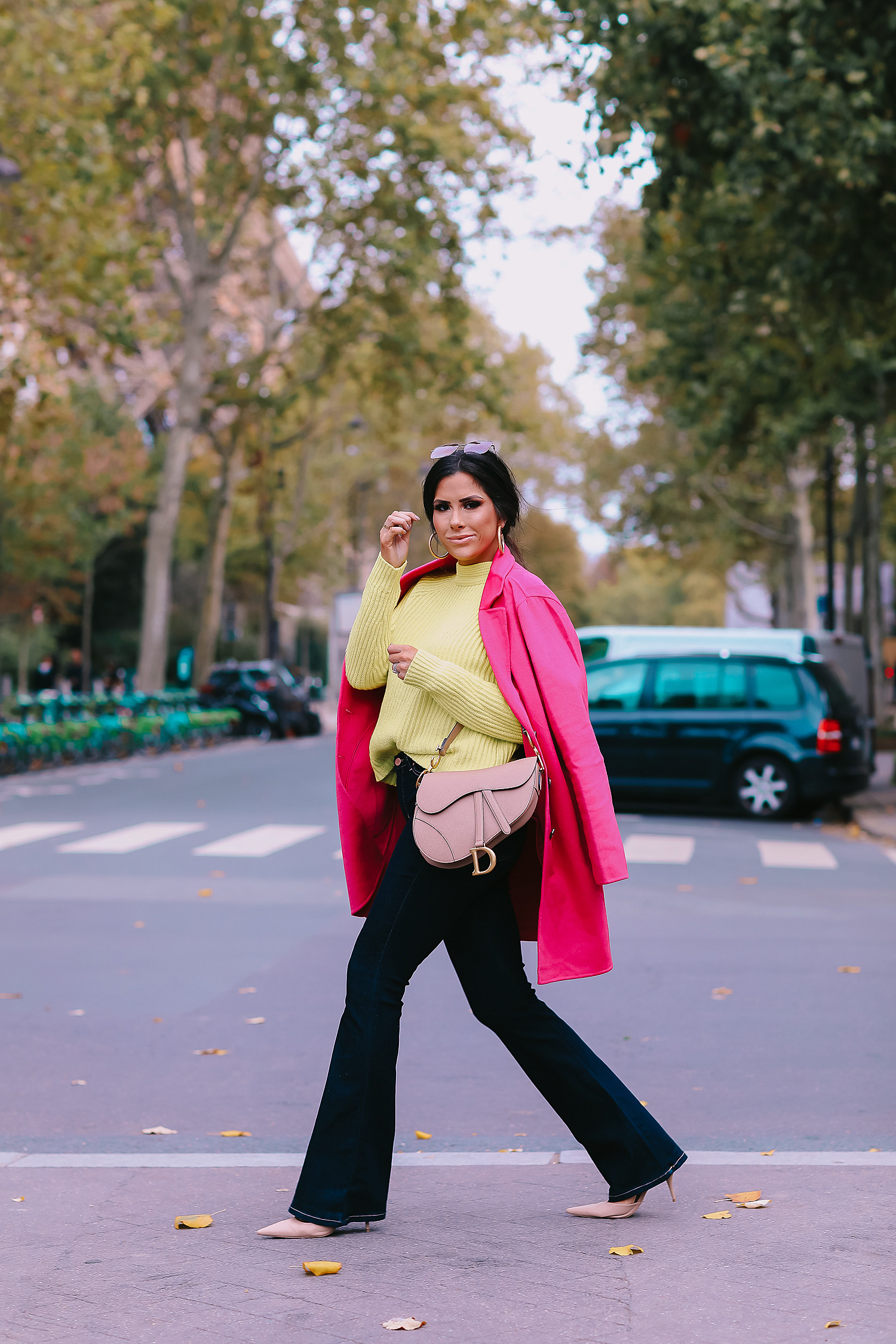 paris fall fashion 2019, fall fashion 2019, banana republic fall outfits 2019, paris outfit ideas fall and winter, what to wear in paris in october november, emily ann gemma-2 | paris fall fashion 2019, fall fashion 2019, banana republic fall outfits 2019, paris outfit ideas fall and winter, what to wear in paris in october november, emily ann gemma-2 | Do You Like Neon Or Neutrals?! Two Everyday Fall Outfits by popular Oklahoma fashion blog, The Sweetest Thing: image of a woman outside in Paris and wearing a Banana Republic High-Rise Flare Jean, Banana Republic Double-Faced Topcoat, and Banana Republic Chunky High Crew-Neck Sweater.