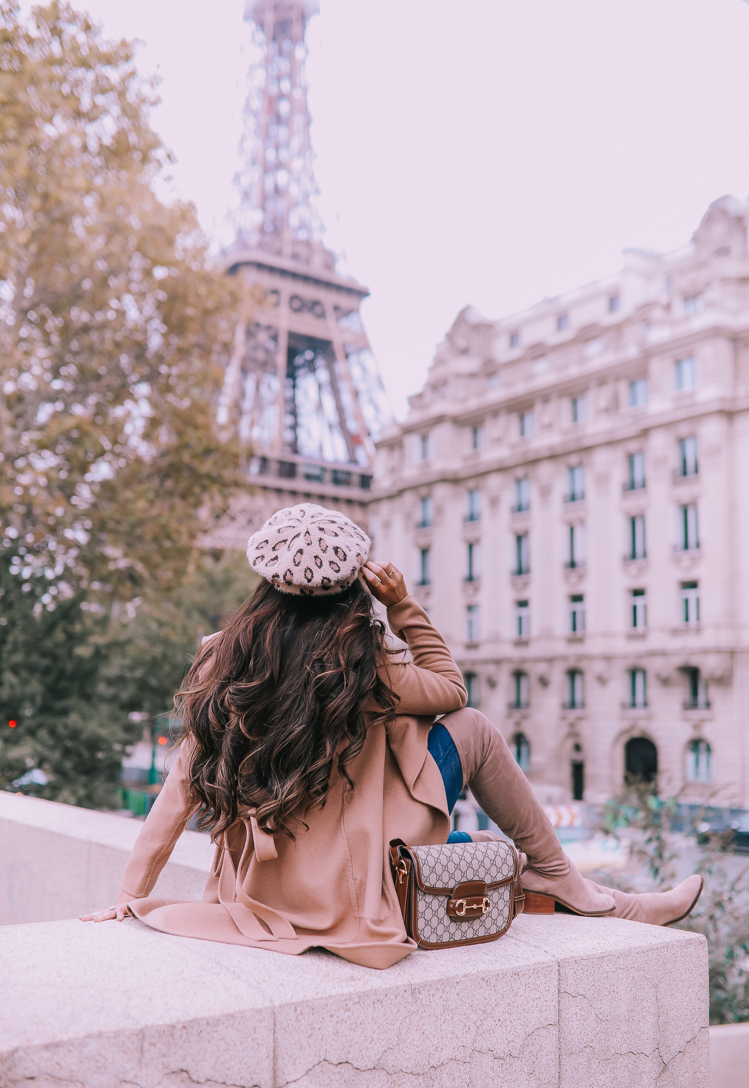 Fall outfit idea paris pinterest 2019| Over the knee boot outfit featured by top US fashion blog, The Sweetest Thing: image of a woman wearing  Gucci Horsebit 1955 Gucci Bag, leopard beret, taupe over the knee boots steve madden, emily gemma, Fall Fashion outfit ideas tan coat over the knee boots