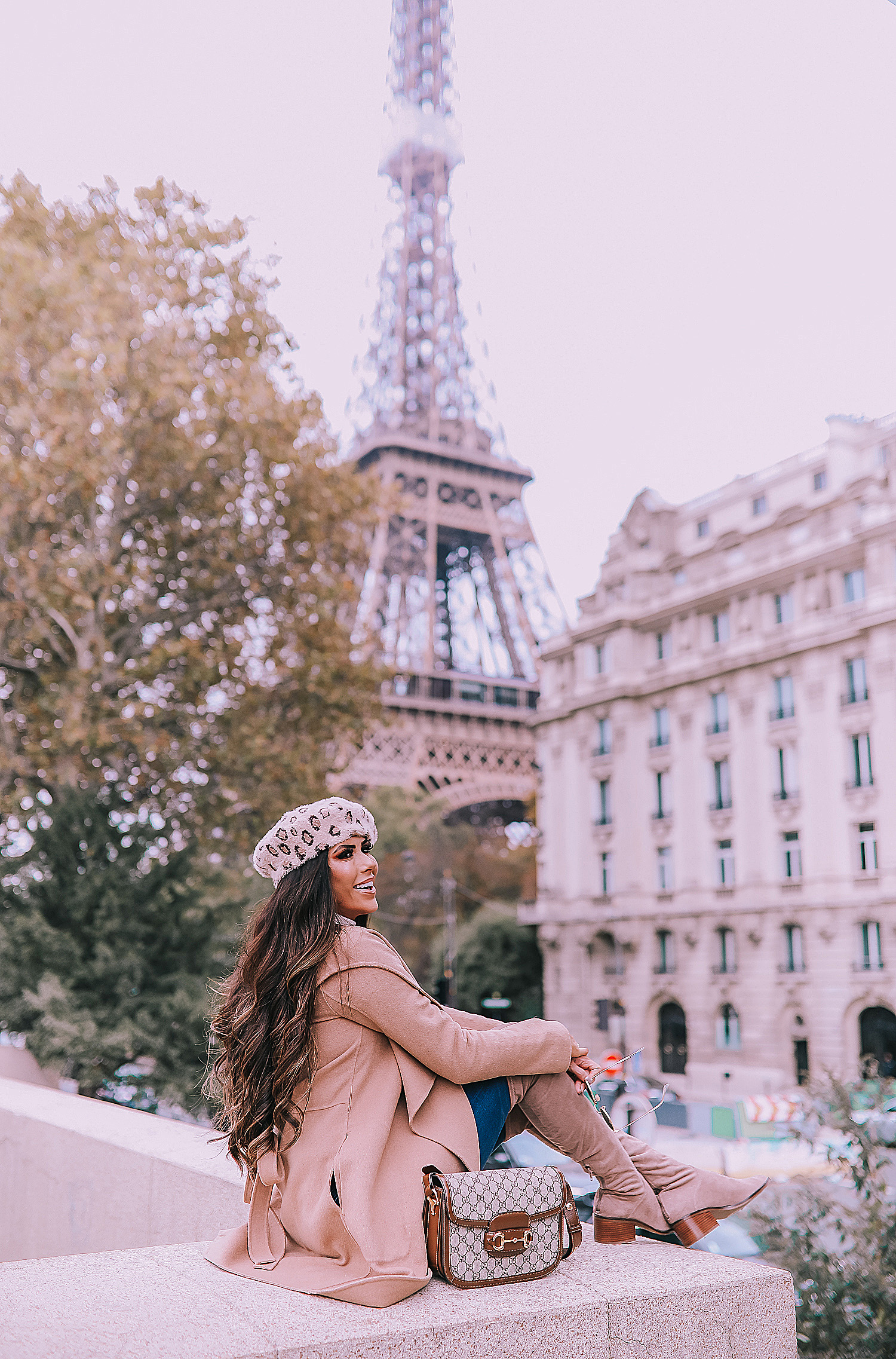 Fall outfit idea paris pinterest 2019| Over the knee boot outfit featured by top US fashion blog, The Sweetest Thing: image of a woman wearing  Gucci Horsebit 1955 Gucci Bag, leopard beret, taupe over the knee boots steve madden, emily gemma, Fall Fashion outfit ideas tan coat over the knee boots-2