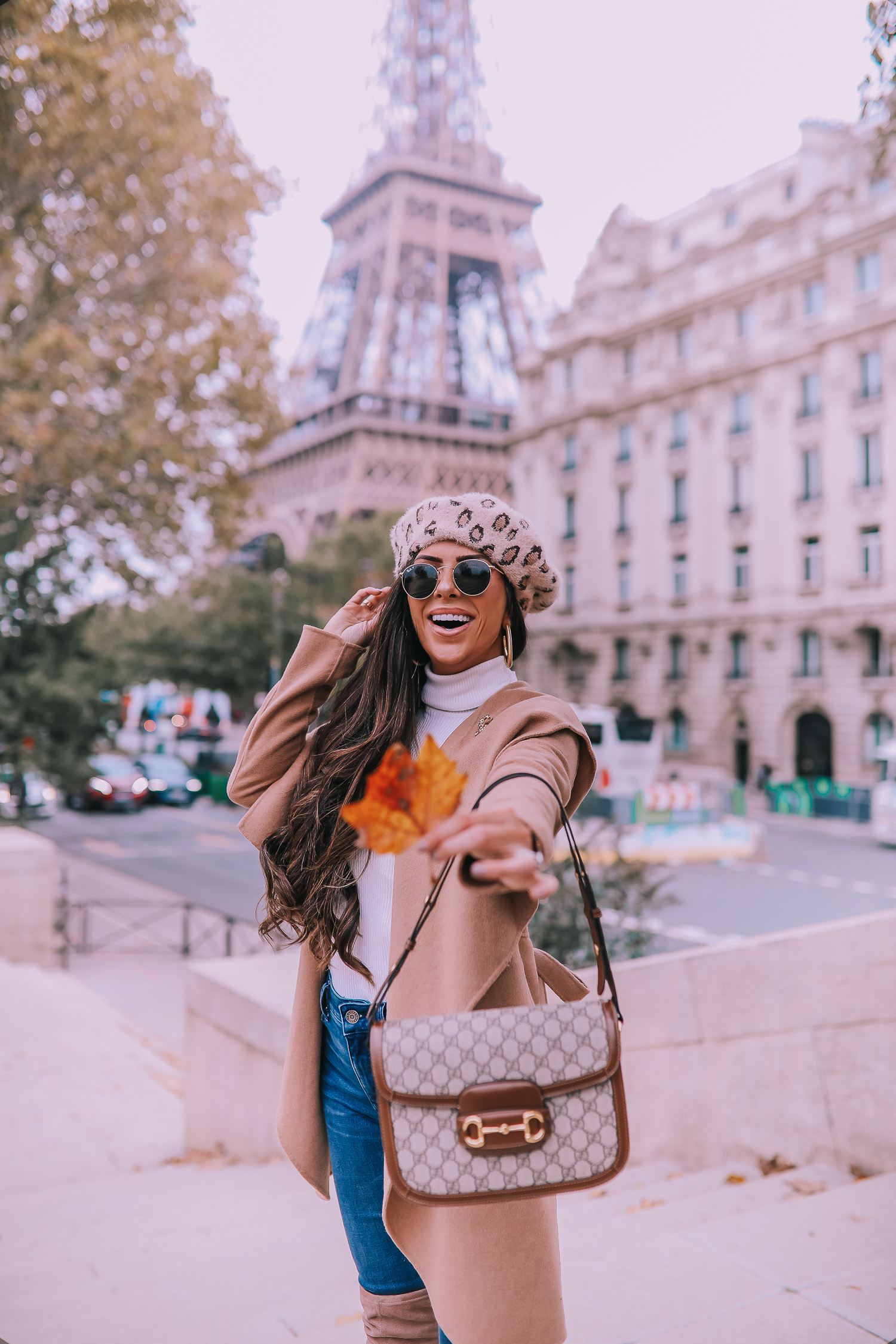 Fall outfit idea paris pinterest 2019| Over the knee boot outfit featured by top US fashion blog, The Sweetest Thing: image of a woman wearing  Gucci Horsebit 1955 Gucci Bag, leopard beret, taupe over the knee boots steve madden, emily gemma, Fall Fashion outfit ideas tan coat over the knee boots
