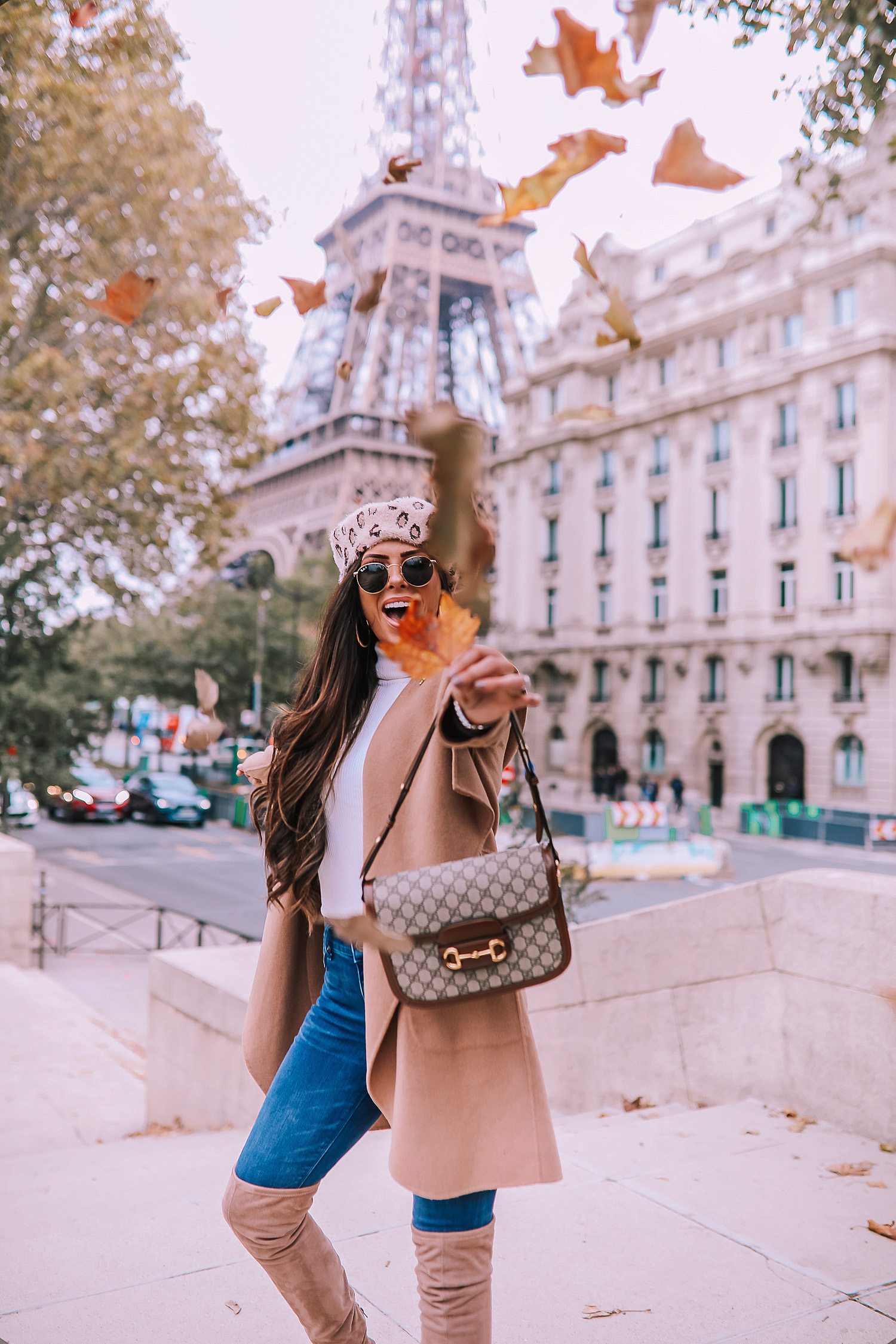 Fall outfit idea paris pinterest 2019| Over the knee boot outfit featured by top US fashion blog, The Sweetest Thing: image of a woman wearing  Gucci Horsebit 1955 Gucci Bag, leopard beret, taupe over the knee boots steve madden, emily gemma, Fall Fashion outfit ideas tan coat over the knee boots