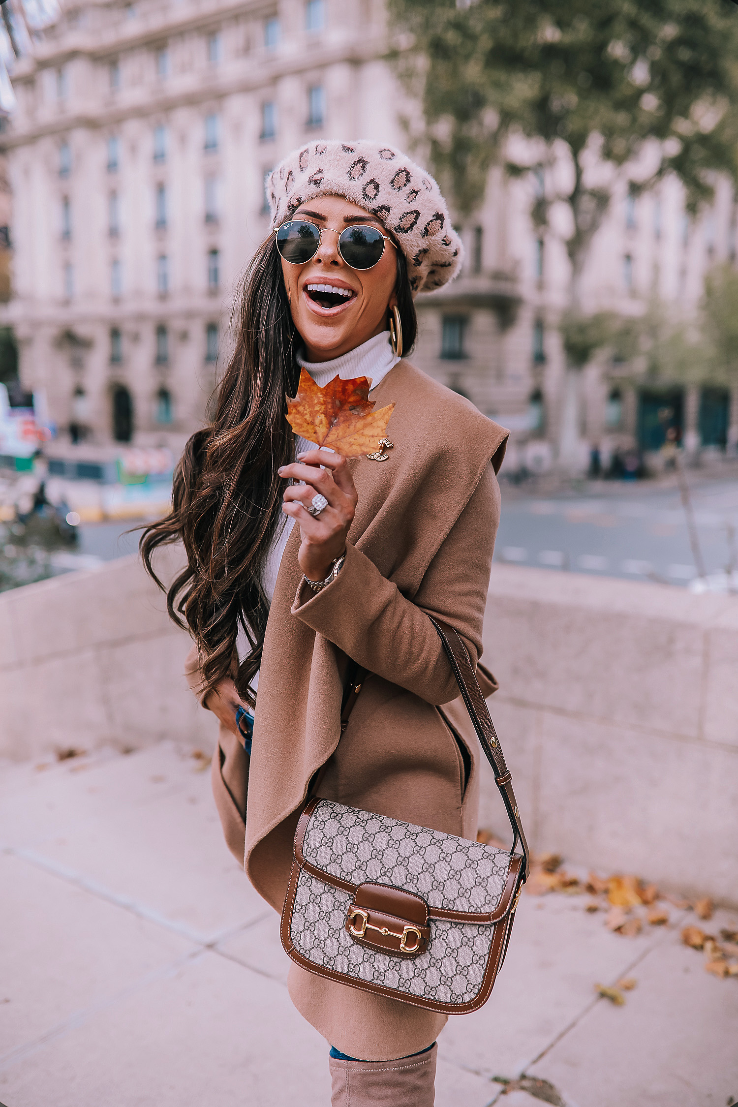 Fall outfit idea paris pinterest 2019| Over the knee boot outfit featured by top US fashion blog, The Sweetest Thing: image of a woman wearing  Gucci Horsebit 1955 Gucci Bag, leopard beret, taupe over the knee boots steve madden, emily gemma, Fall Fashion outfit ideas tan coat over the knee boots