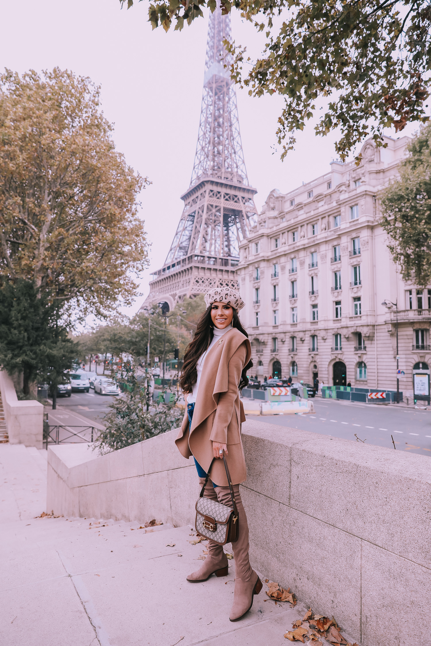 Fall outfit idea paris pinterest 2019| Over the knee boot outfit featured by top US fashion blog, The Sweetest Thing: image of a woman wearing  Gucci Horsebit 1955 Gucci Bag, leopard beret, taupe over the knee boots steve madden, emily gemma, Fall Fashion outfit ideas tan coat over the knee boots