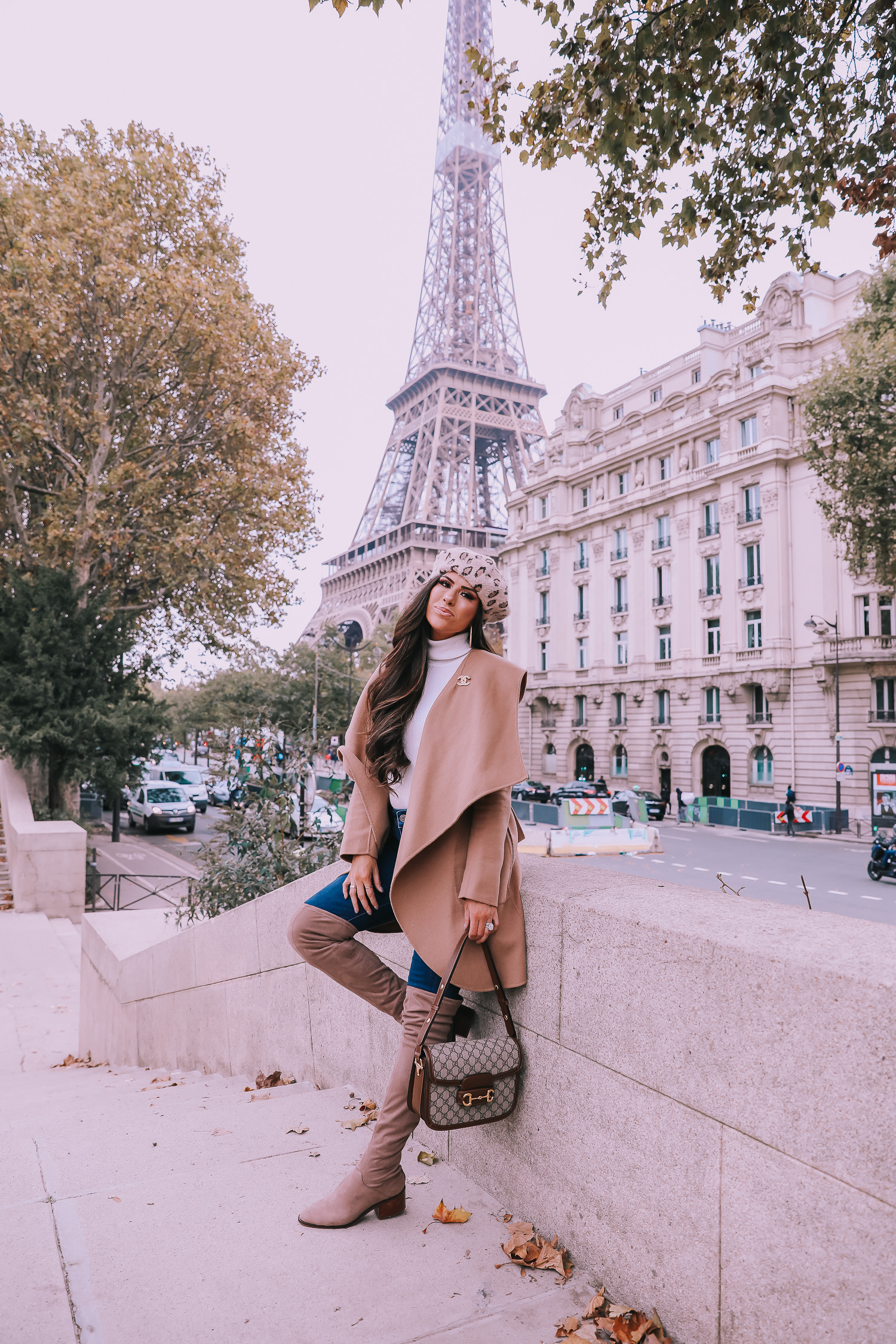 Fall outfit idea paris pinterest 2019| Over the knee boot outfit featured by top US fashion blog, The Sweetest Thing: image of a woman wearing  Gucci Horsebit 1955 Gucci Bag, leopard beret, taupe over the knee boots steve madden, emily gemma, Fall Fashion outfit ideas tan coat over the knee boots