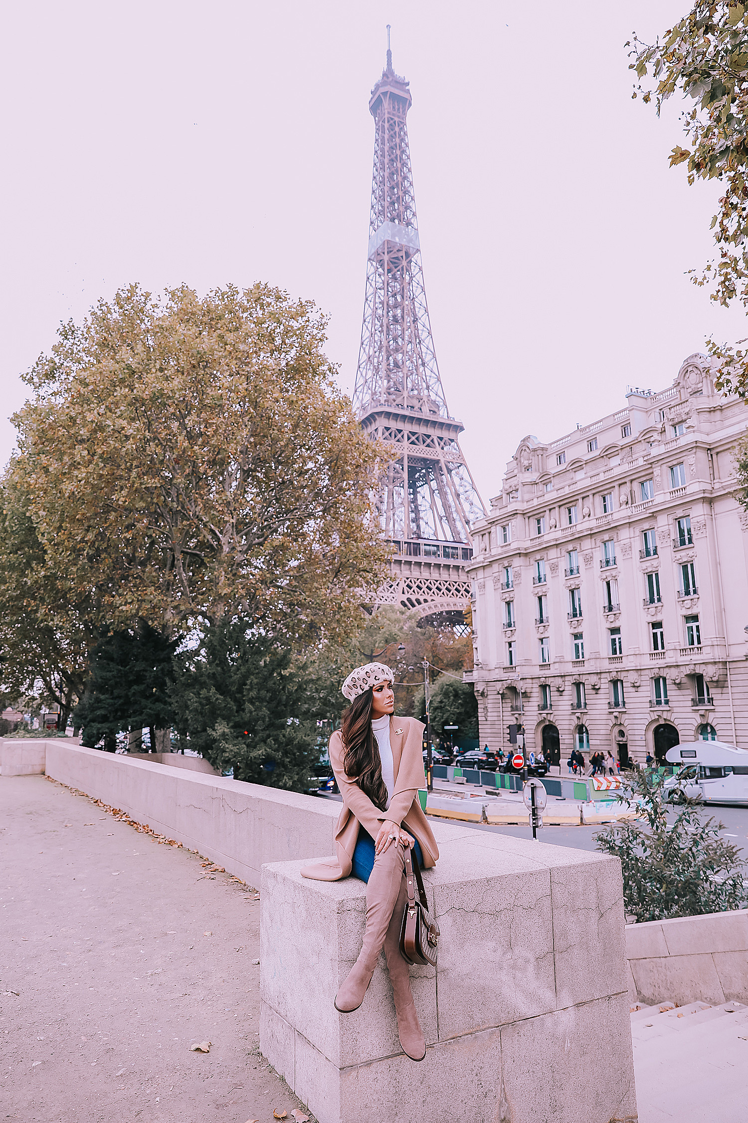 Fall outfit idea paris pinterest 2019| Over the knee boot outfit featured by top US fashion blog, The Sweetest Thing: image of a woman wearing  Gucci Horsebit 1955 Gucci Bag, leopard beret, taupe over the knee boots steve madden, emily gemma, Fall Fashion outfit ideas tan coat over the knee boots