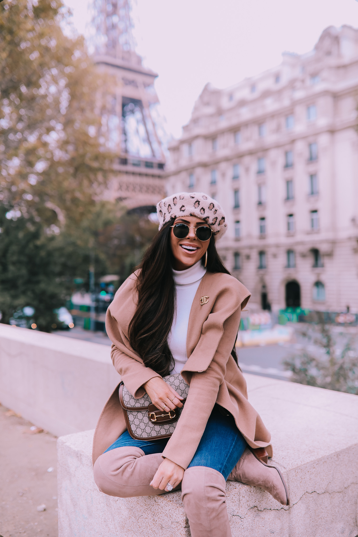 Fall outfit idea paris pinterest 2019| Over the knee boot outfit featured by top US fashion blog, The Sweetest Thing: image of a woman wearing  Gucci Horsebit 1955 Gucci Bag, leopard beret, taupe over the knee boots steve madden, emily gemma, Fall Fashion outfit ideas tan coat over the knee boots