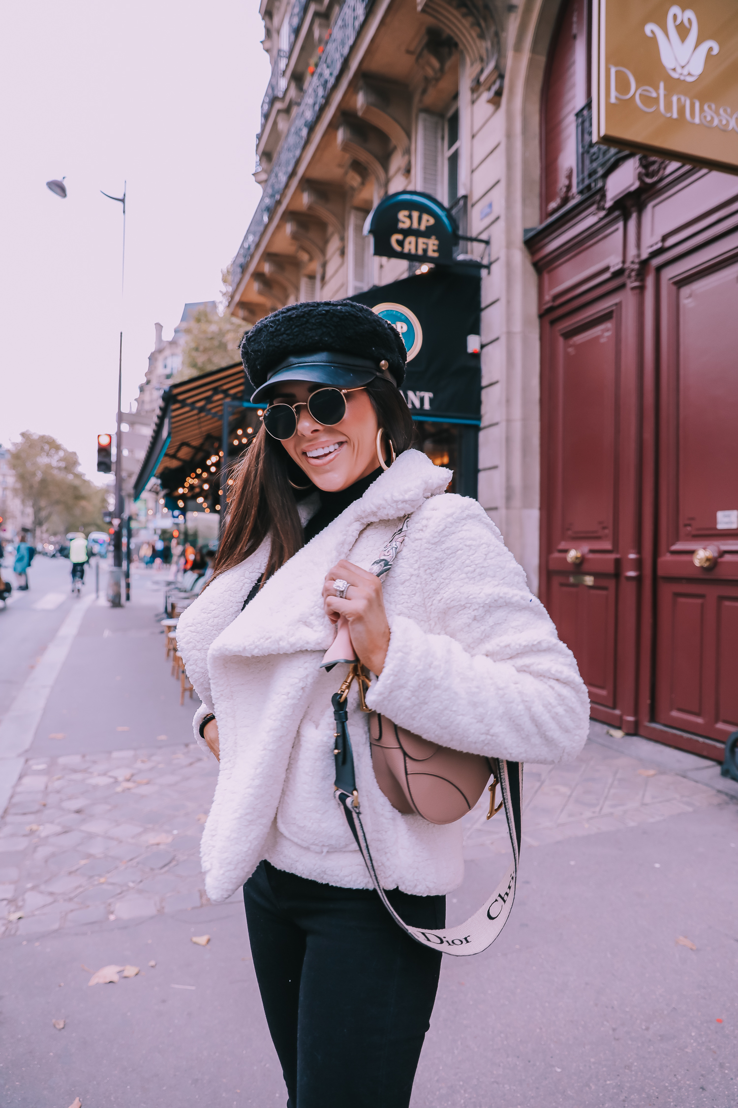 Ivory Peacoat styled by top US fashion blog, The Sweetest Thing: image of a woman wearing a BB Dakota ivory peacoat in Paris. | fall outfit ideas pinterest 2019, paris fall outfit ideas, dior saddle bag nude with straps, dior saddle bag blush saddle bag, emily ann gemma-2