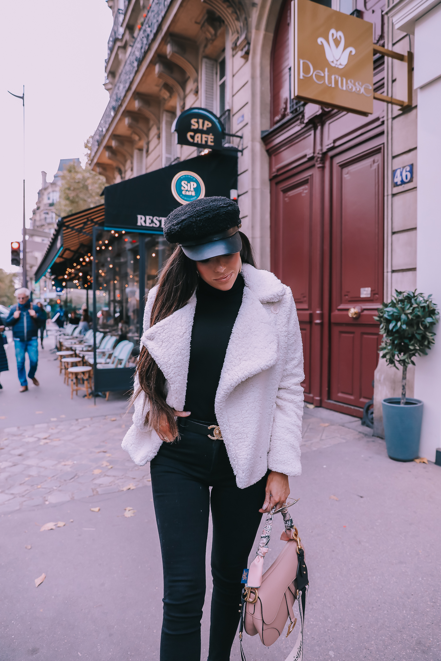 Ivory Peacoat styled by top US fashion blog, The Sweetest Thing: image of a woman wearing a BB Dakota ivory peacoat in Paris. | fall outfit ideas pinterest 2019, paris fall outfit ideas, dior saddle bag nude with straps, dior saddle bag blush saddle bag, emily ann gemma-2